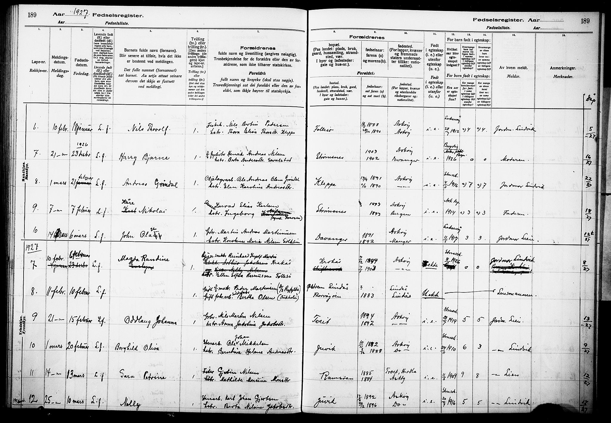 Askøy Sokneprestembete, AV/SAB-A-74101/I/Id/L00A1: Birth register no. A 1, 1916-1928, p. 189