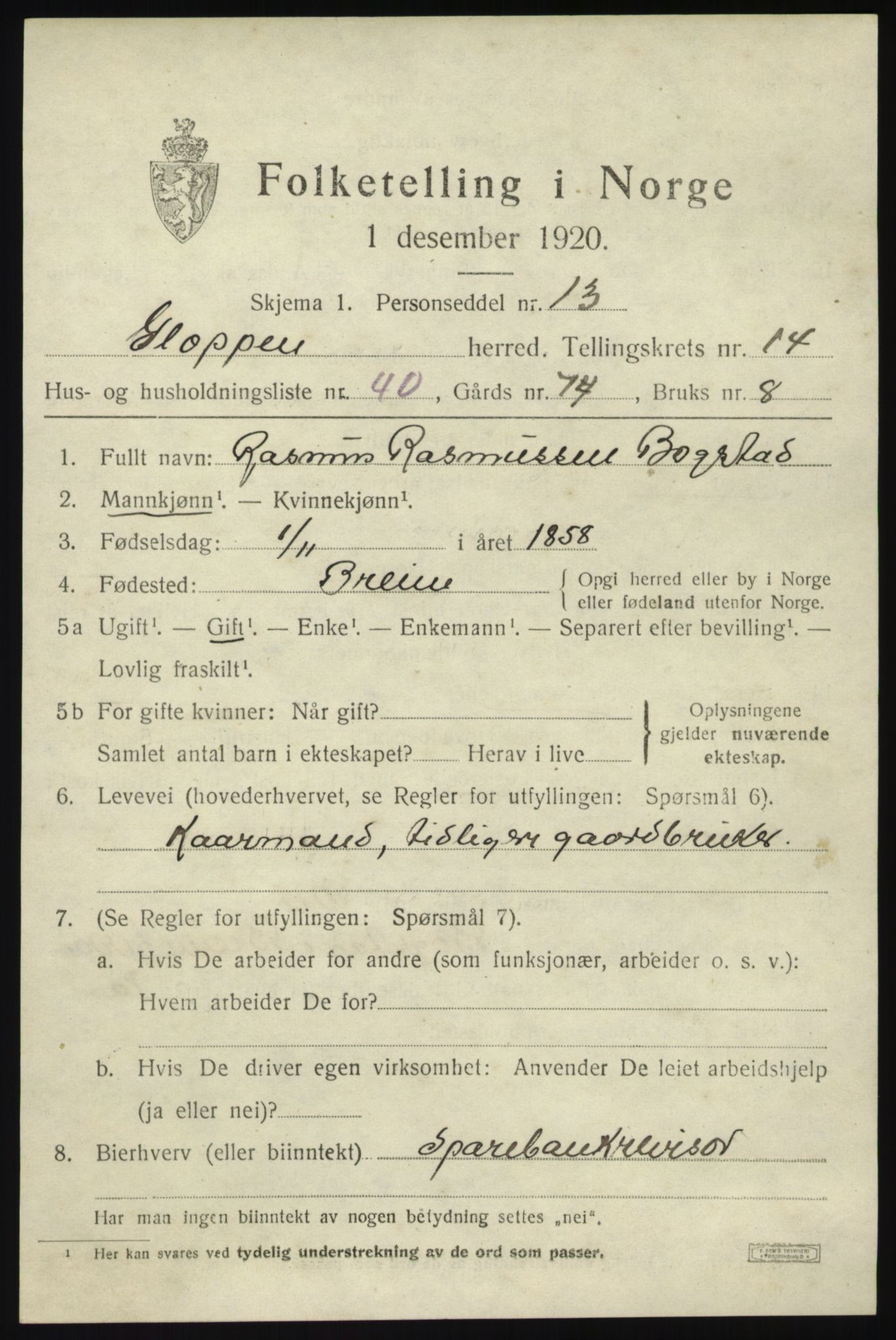 SAB, 1920 census for Gloppen, 1920, p. 7418