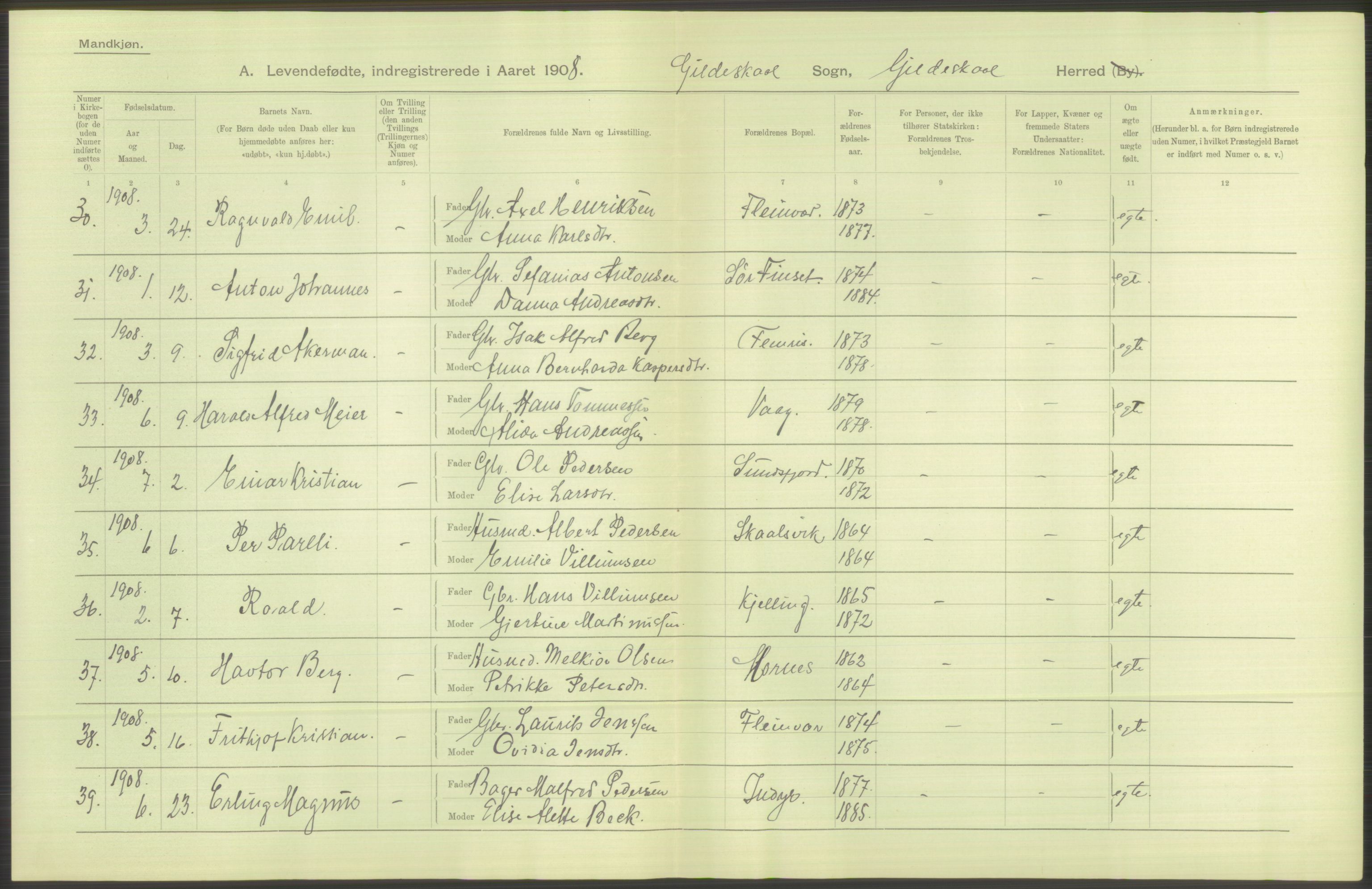 Statistisk sentralbyrå, Sosiodemografiske emner, Befolkning, AV/RA-S-2228/D/Df/Dfa/Dfaf/L0043: Nordlands amt: Levendefødte menn og kvinner. Bygder., 1908, p. 8