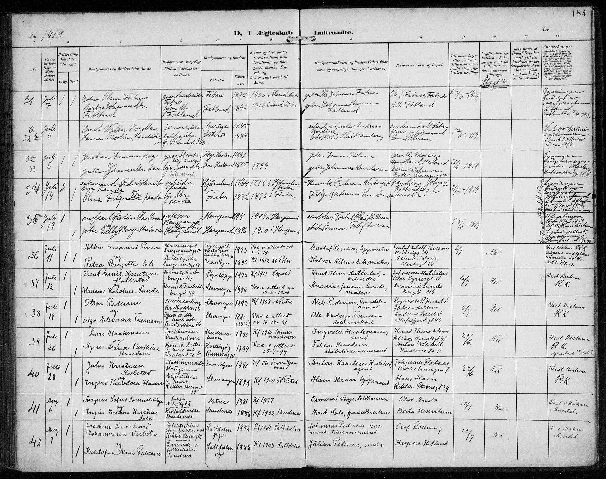 St. Petri sokneprestkontor, AV/SAST-A-101813/002/A/L0003: Parish register (official) no. A 24, 1900-1921, p. 184