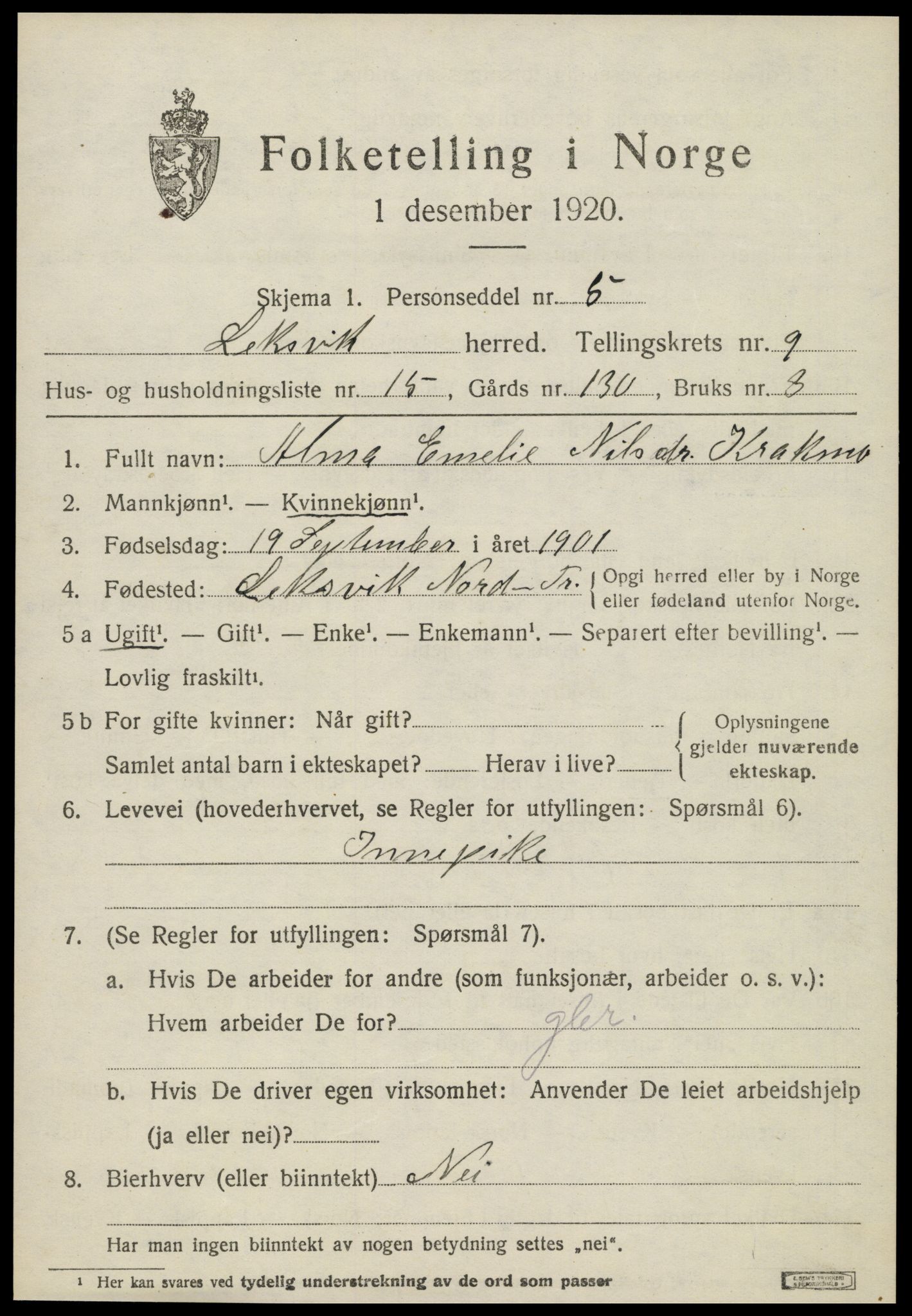 SAT, 1920 census for Leksvik, 1920, p. 7102