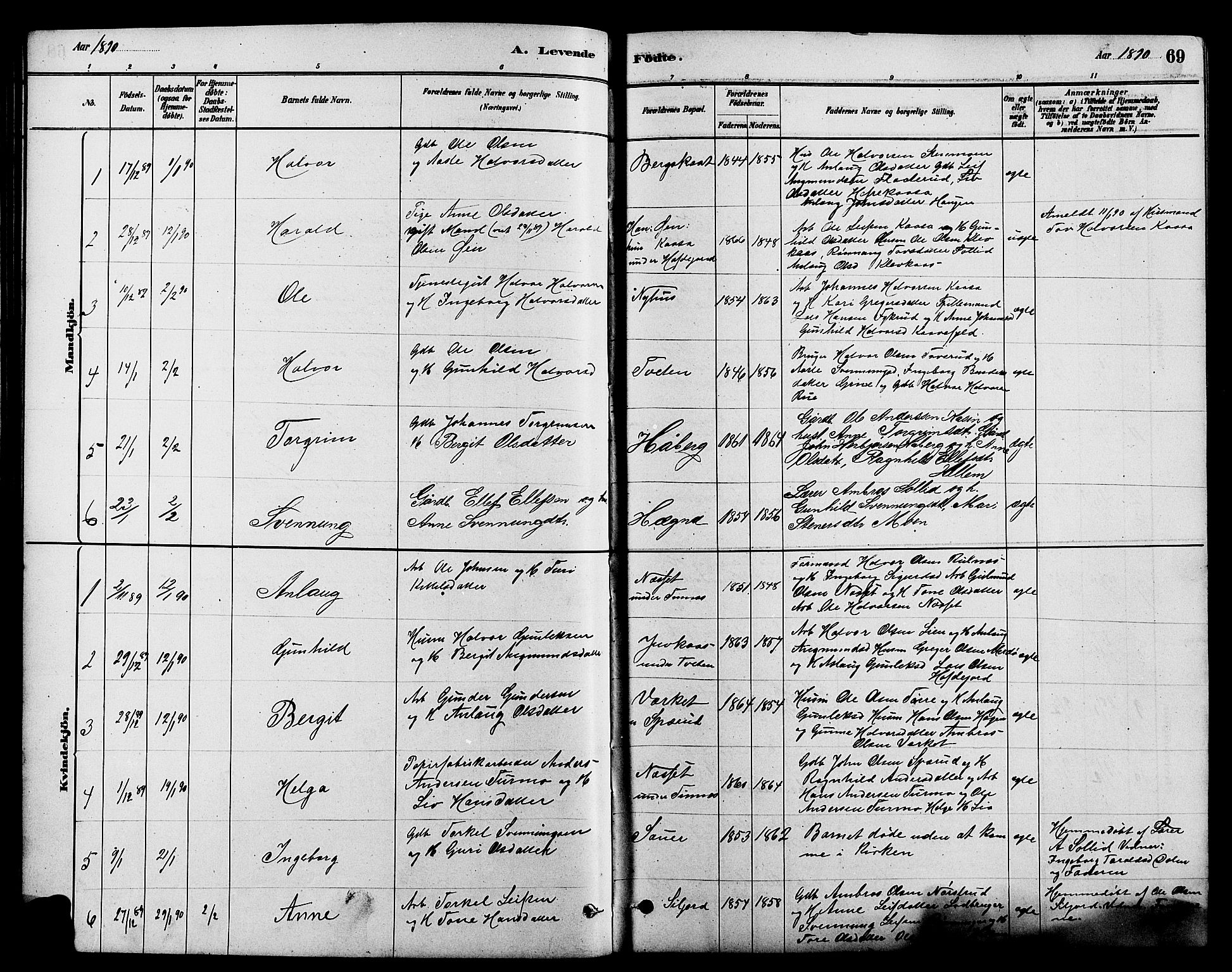 Heddal kirkebøker, SAKO/A-268/G/Ga/L0002: Parish register (copy) no. I 2, 1879-1908, p. 69