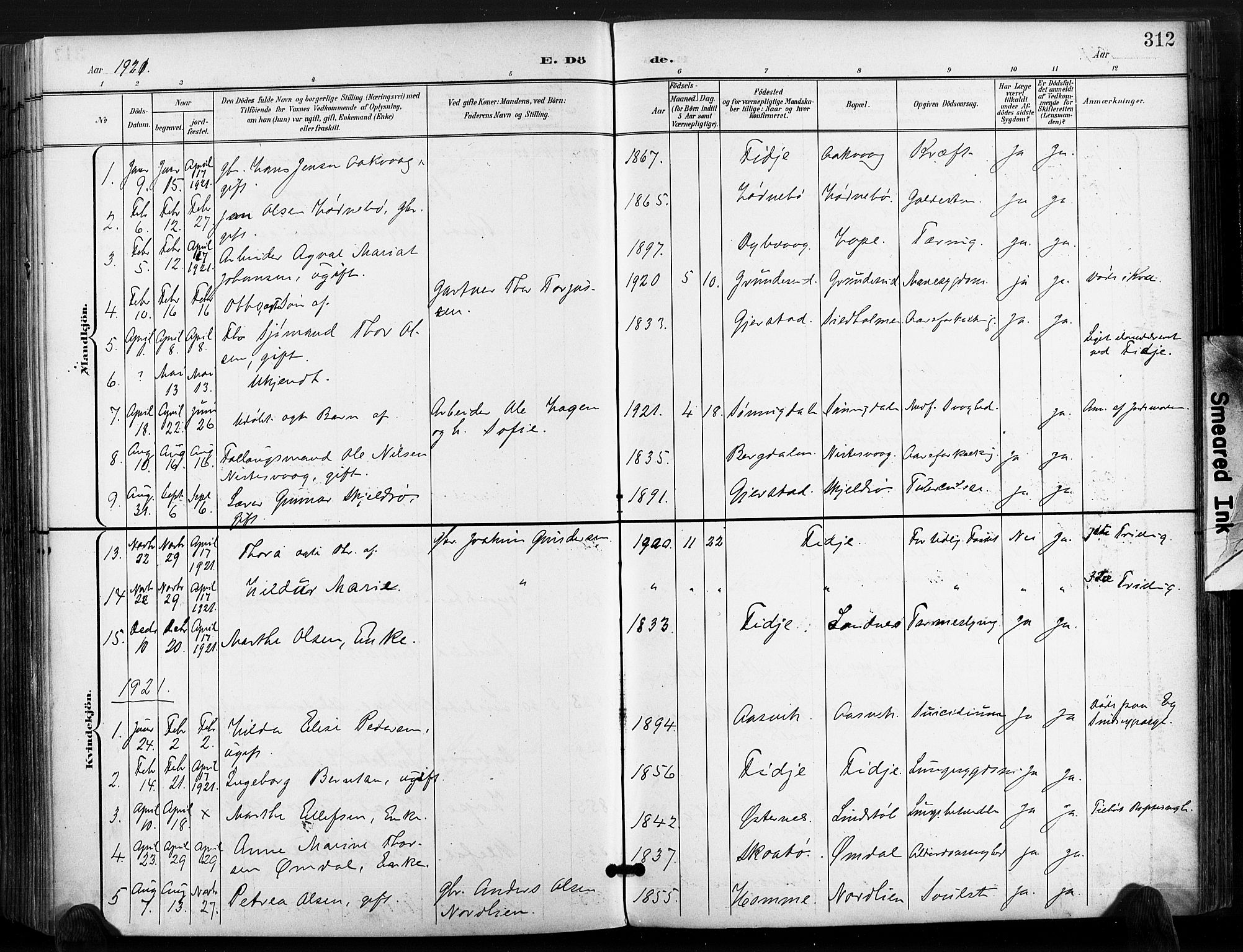 Søndeled sokneprestkontor, AV/SAK-1111-0038/F/Fa/L0006: Parish register (official) no. A 6, 1900-1922, p. 312