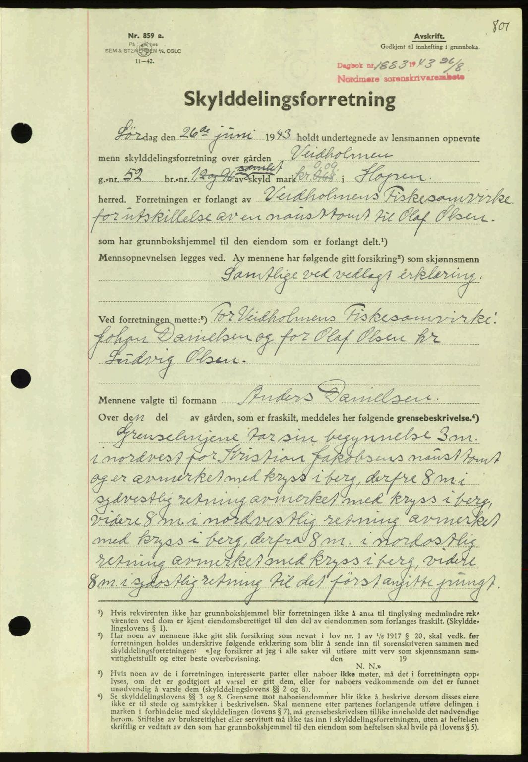 Nordmøre sorenskriveri, AV/SAT-A-4132/1/2/2Ca: Mortgage book no. A95, 1943-1943, Diary no: : 1883/1943