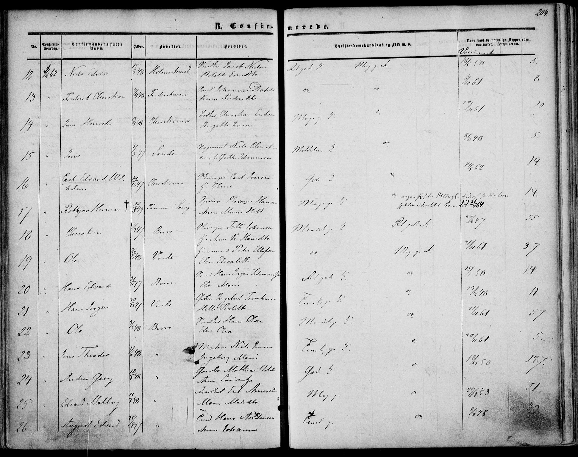 Borre kirkebøker, SAKO/A-338/F/Fa/L0006: Parish register (official) no. I 6, 1852-1862, p. 204