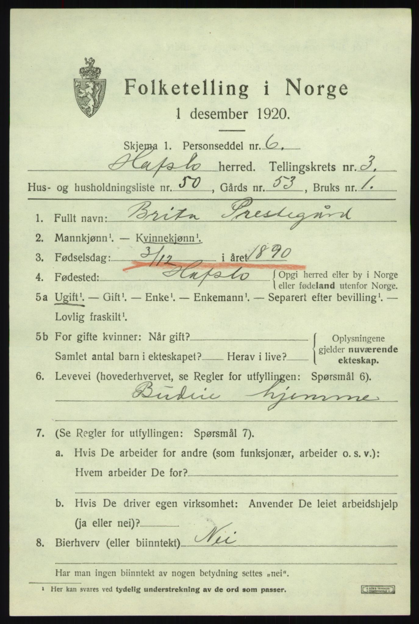 SAB, 1920 census for Hafslo, 1920, p. 2618