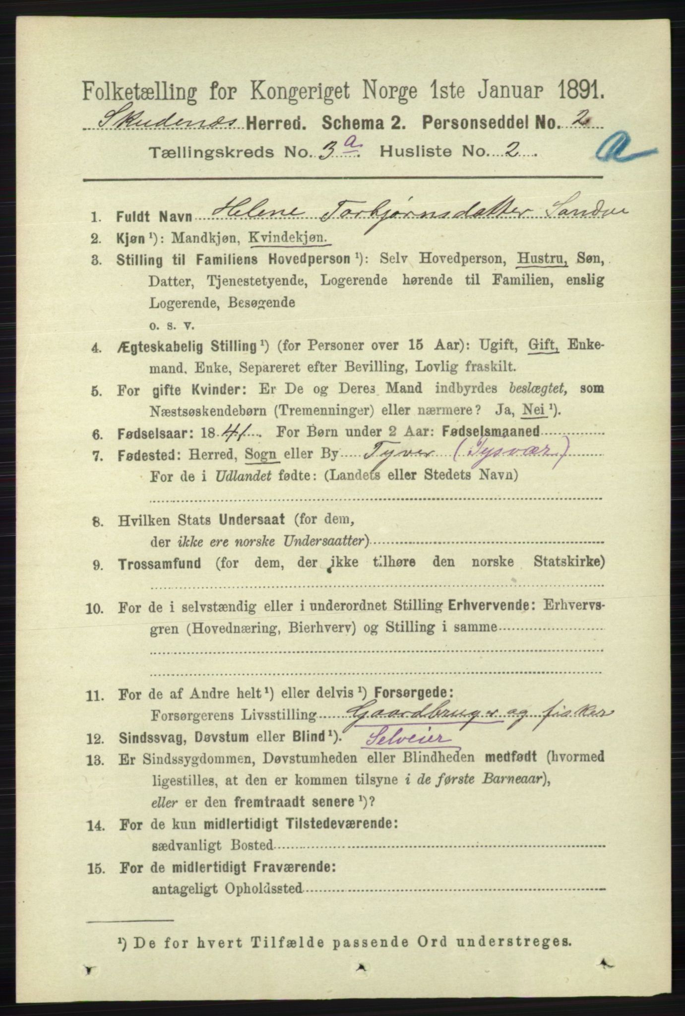 RA, 1891 census for 1150 Skudenes, 1891, p. 1383