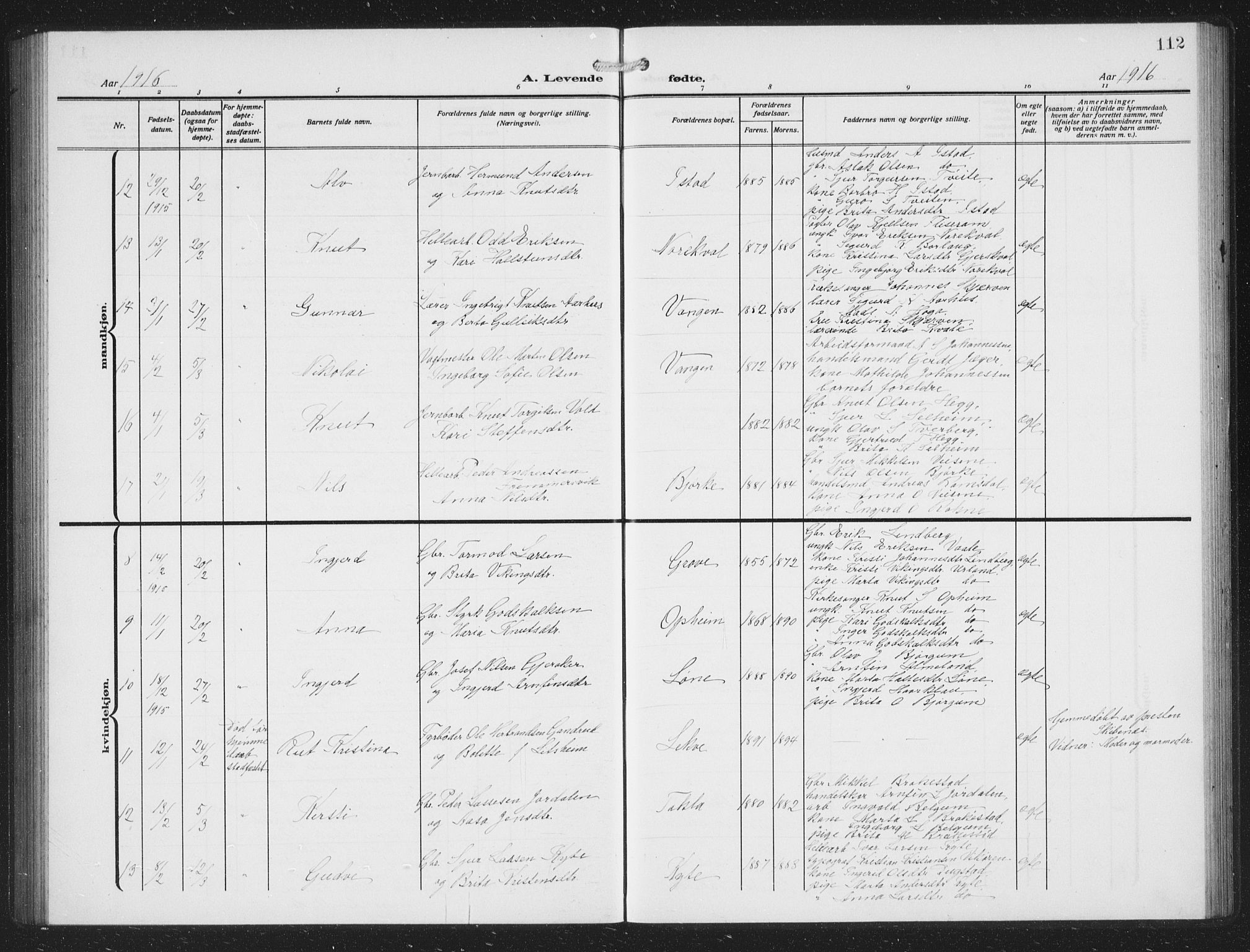 Voss sokneprestembete, AV/SAB-A-79001/H/Hab: Parish register (copy) no. C 3, 1909-1920, p. 112