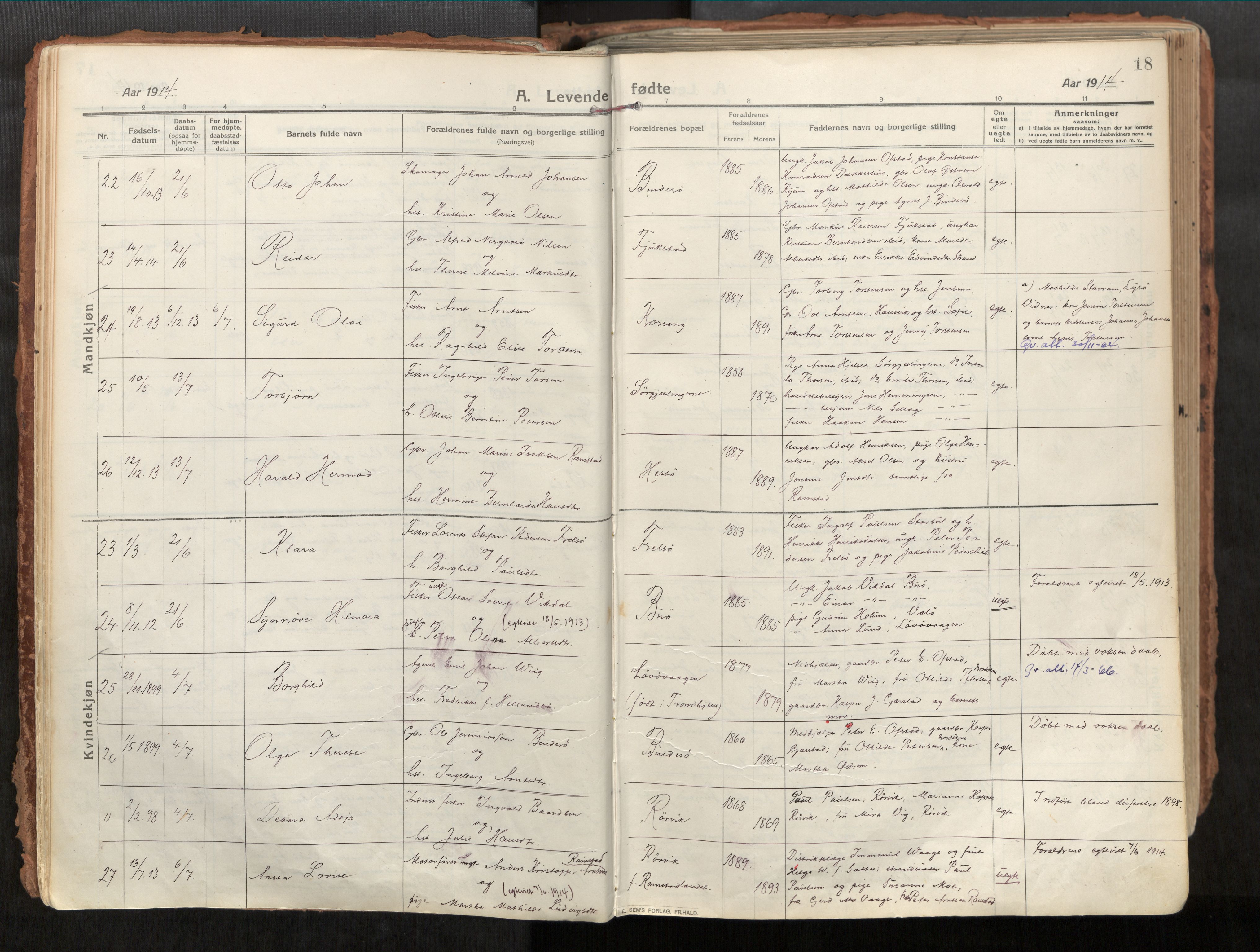 Vikna sokneprestkontor, AV/SAT-A-1173/1/I/I1/I1a/L0001: Parish register (official) no. 1, 1913-1934, p. 18