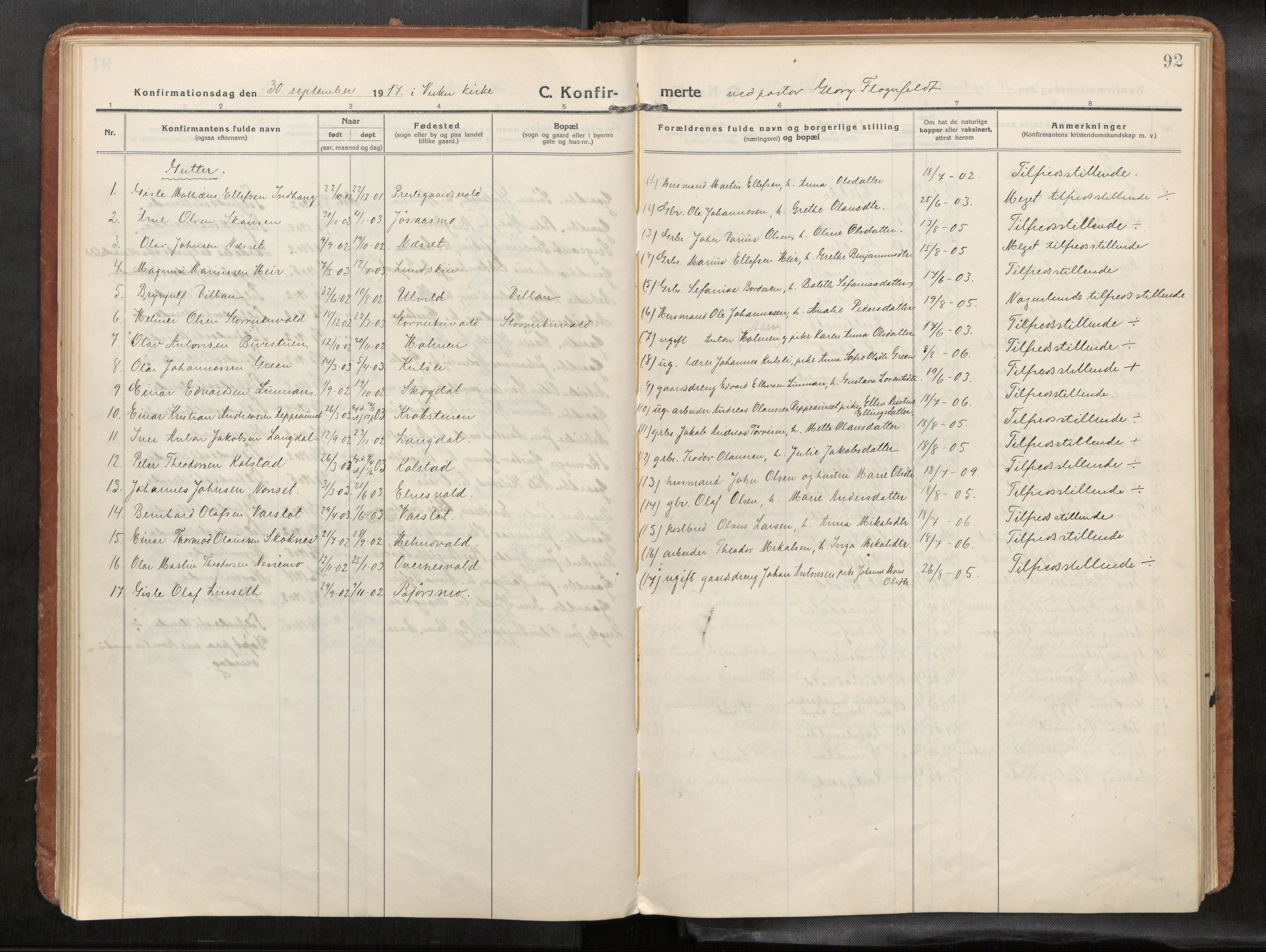 Verdal sokneprestkontor, SAT/A-1156/2/H/Haa/L0004: Parish register (official) no. 4, 1916-1928, p. 92