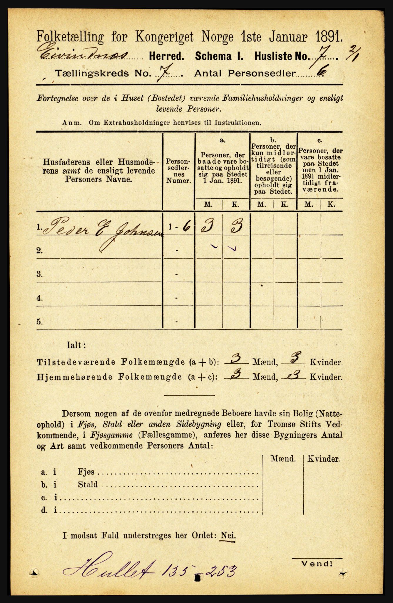 RA, 1891 census for 1853 Evenes, 1891, p. 2128