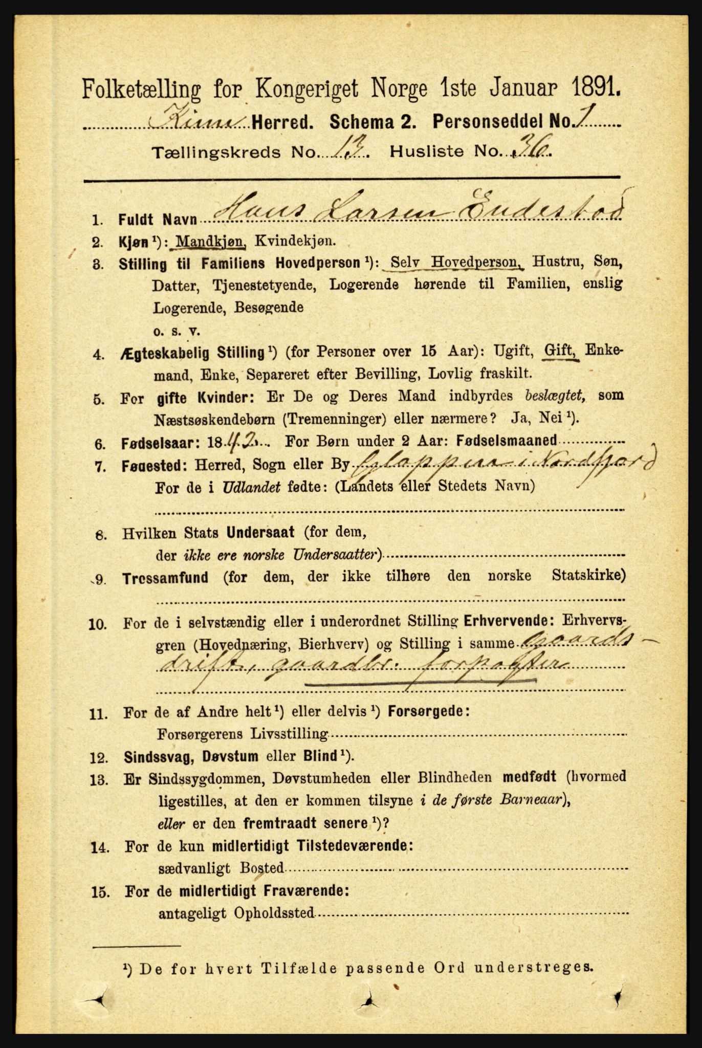 RA, 1891 census for 1437 Kinn, 1891, p. 5302