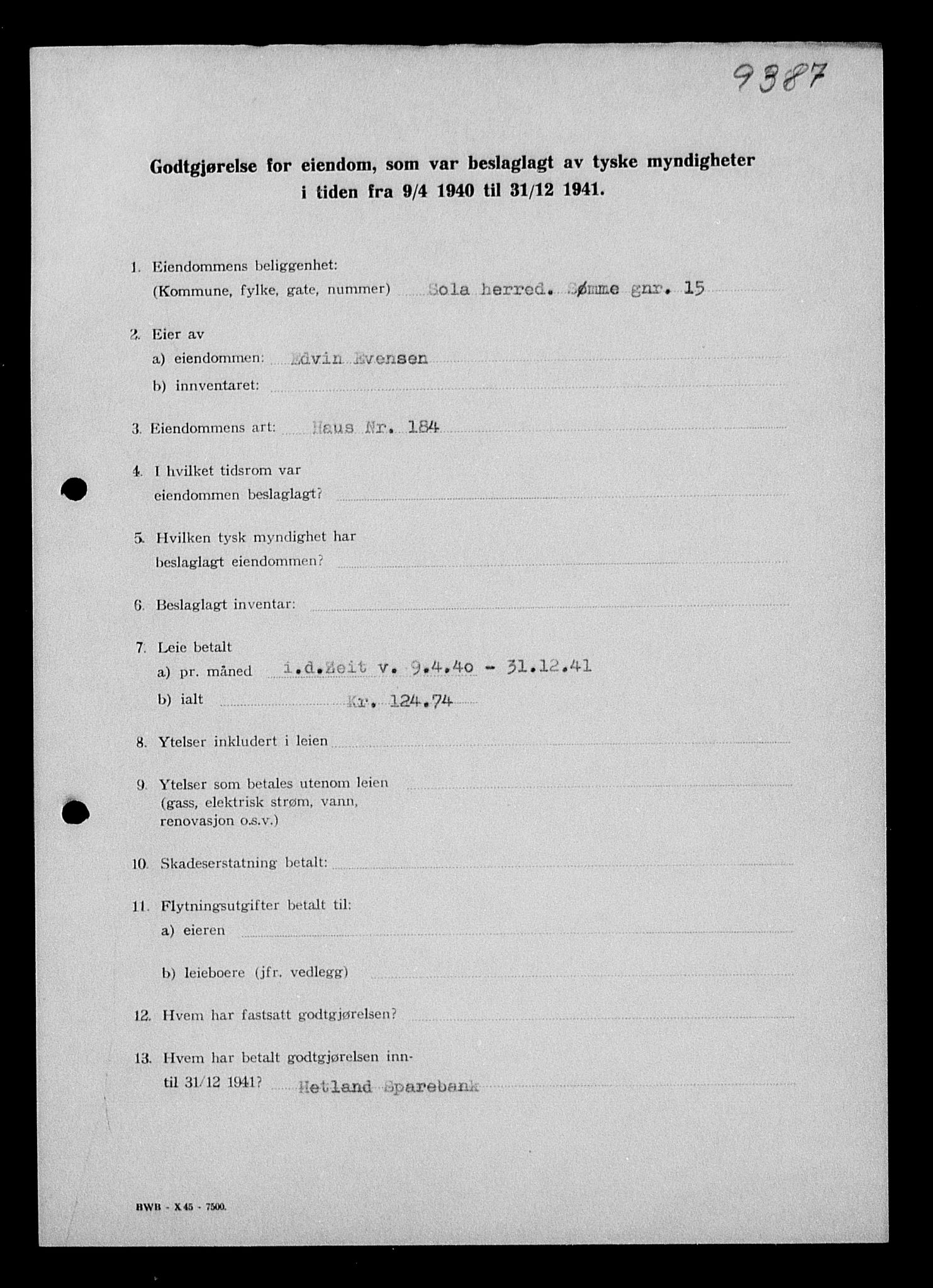 Justisdepartementet, Tilbakeføringskontoret for inndratte formuer, AV/RA-S-1564/I/L1014: Godtgjørelse for beslaglagt eiendom, 1940-1941, p. 250