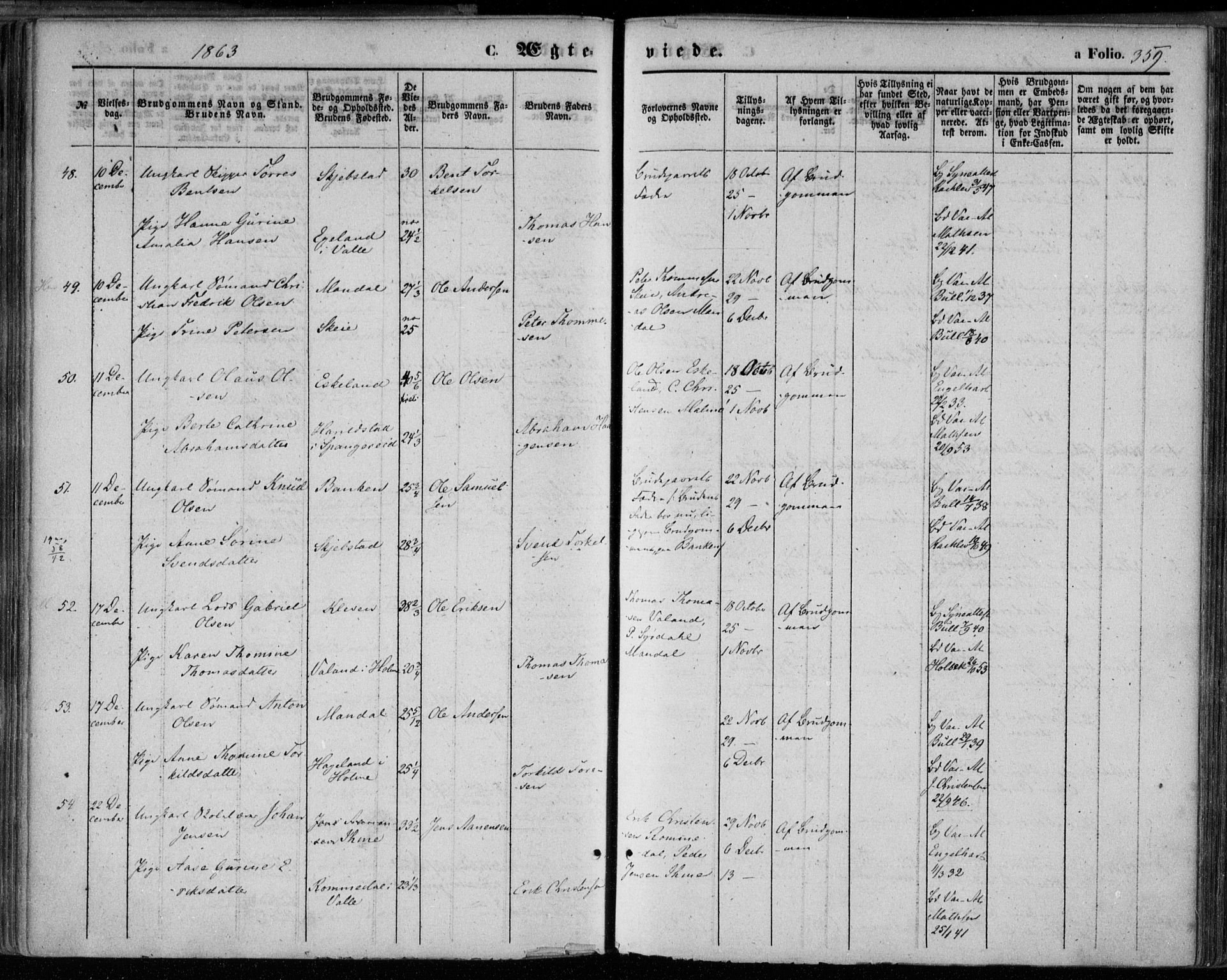 Mandal sokneprestkontor, SAK/1111-0030/F/Fa/Faa/L0014: Parish register (official) no. A 14, 1859-1872, p. 359