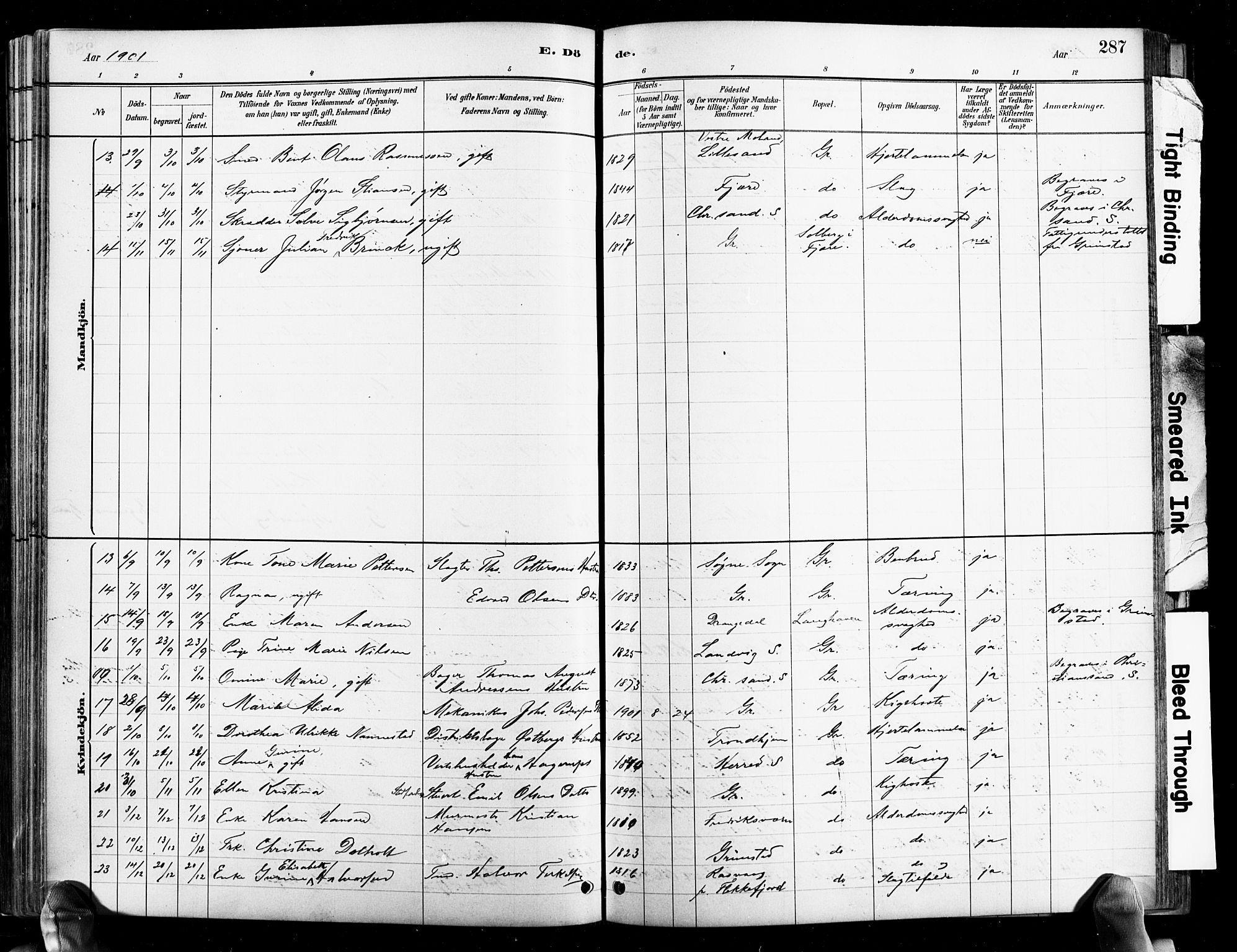 Grimstad sokneprestkontor, AV/SAK-1111-0017/F/Fb/L0001: Parish register (copy) no. B 1, 1881-1922, p. 287