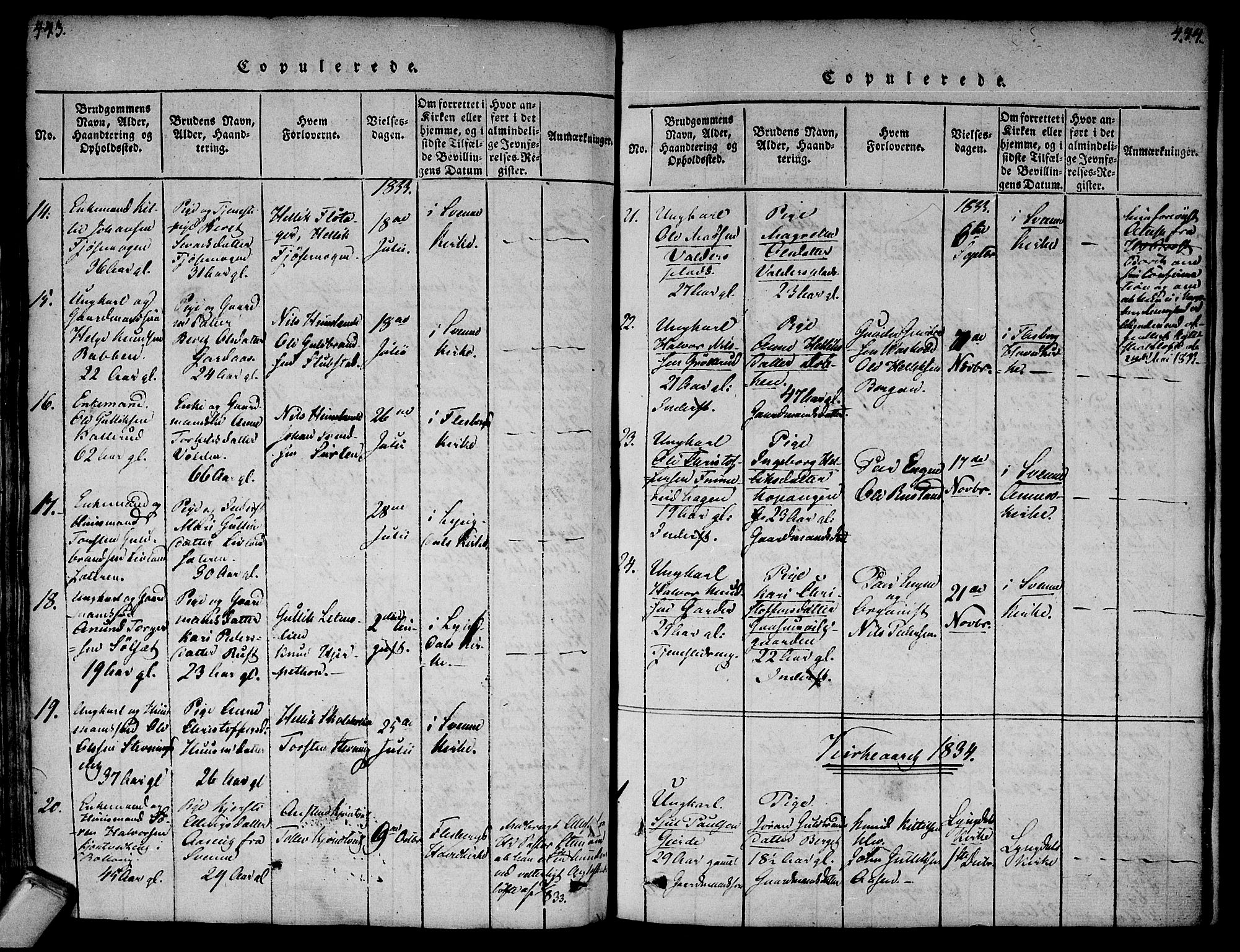 Flesberg kirkebøker, AV/SAKO-A-18/F/Fa/L0005: Parish register (official) no. I 5, 1816-1834, p. 443-444