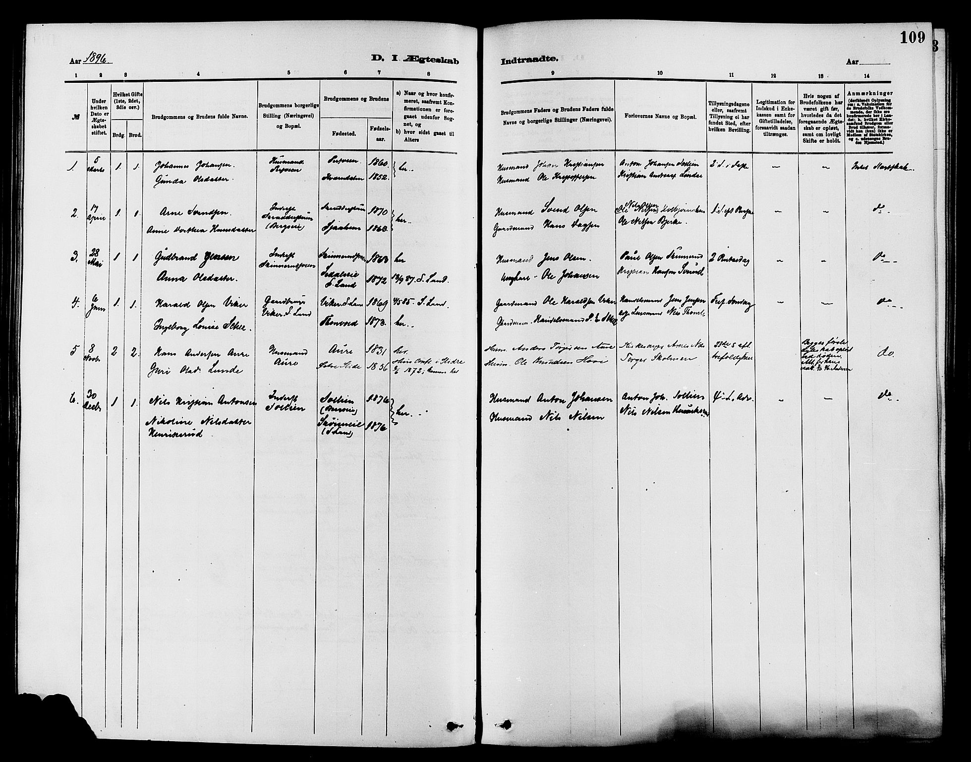 Nordre Land prestekontor, SAH/PREST-124/H/Ha/Haa/L0003: Parish register (official) no. 3, 1882-1896, p. 109
