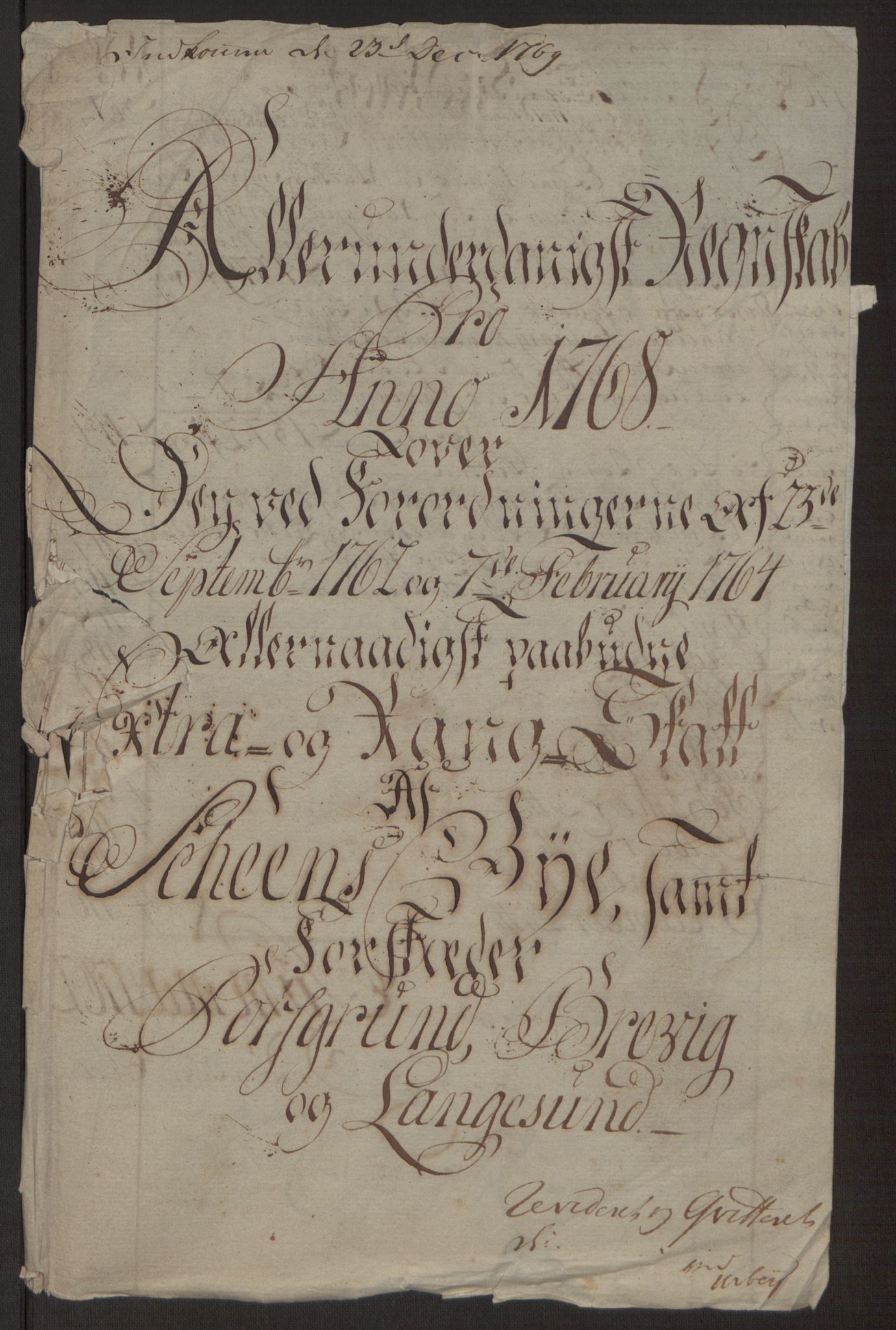 Rentekammeret inntil 1814, Reviderte regnskaper, Byregnskaper, RA/EA-4066/R/Rj/L0198/0001: [J4] Kontribusjonsregnskap / Ekstraskatt, 1762-1768, p. 471