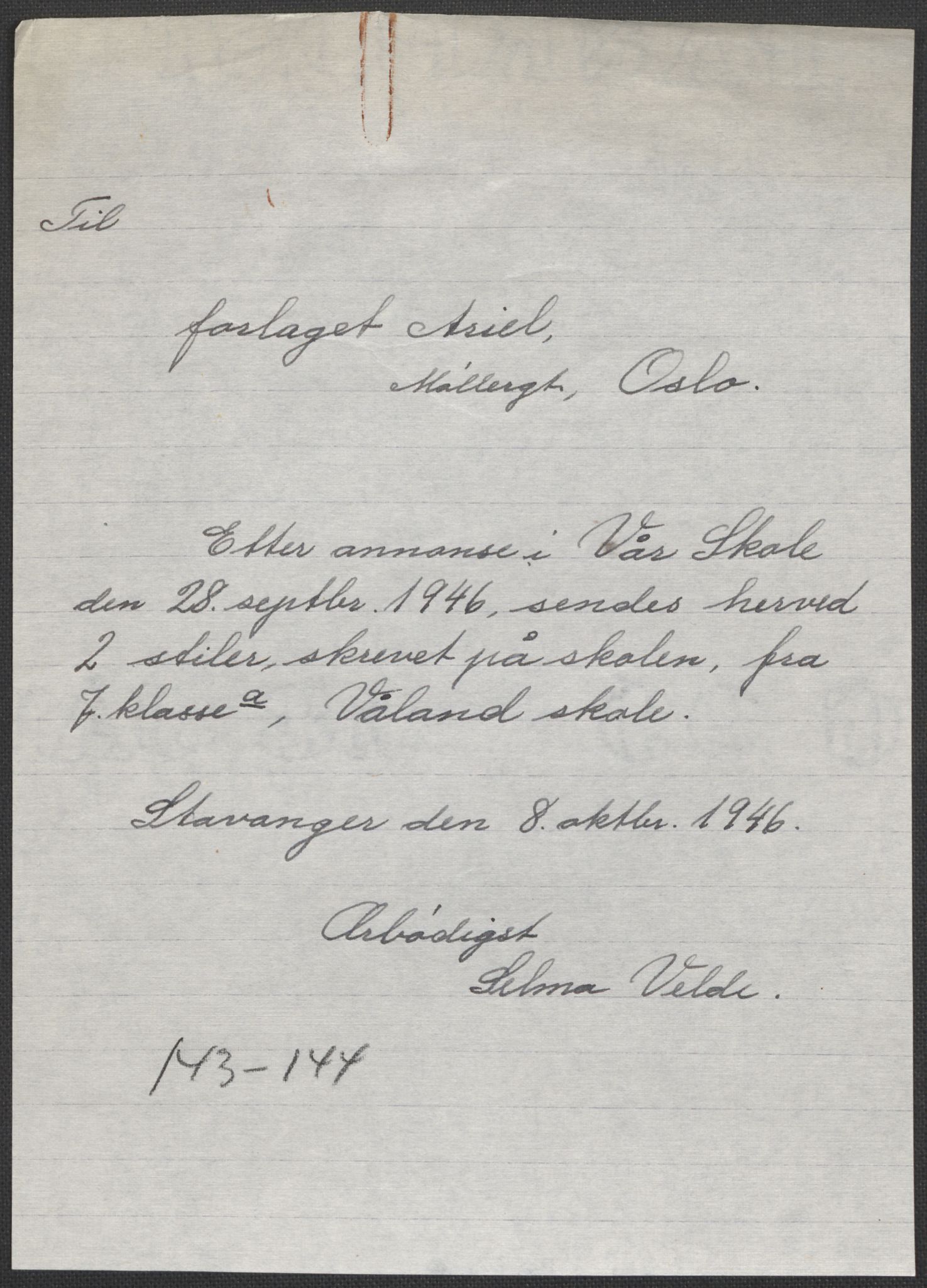 Det norske totalavholdsselskap, AV/RA-PA-0419/E/Eb/L0603: Skolestiler om krigstida (ordnet topografisk etter distrikt og skole), 1946, p. 474