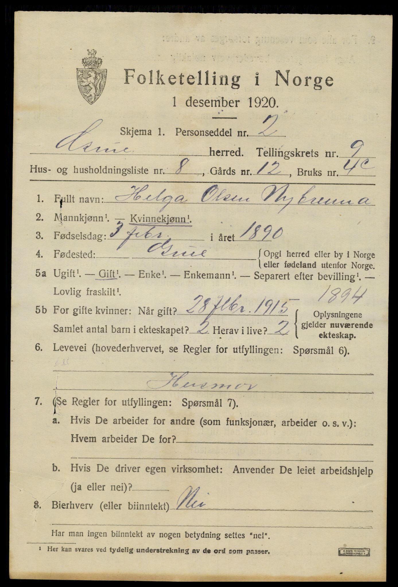 SAH, 1920 census for Grue, 1920, p. 8121