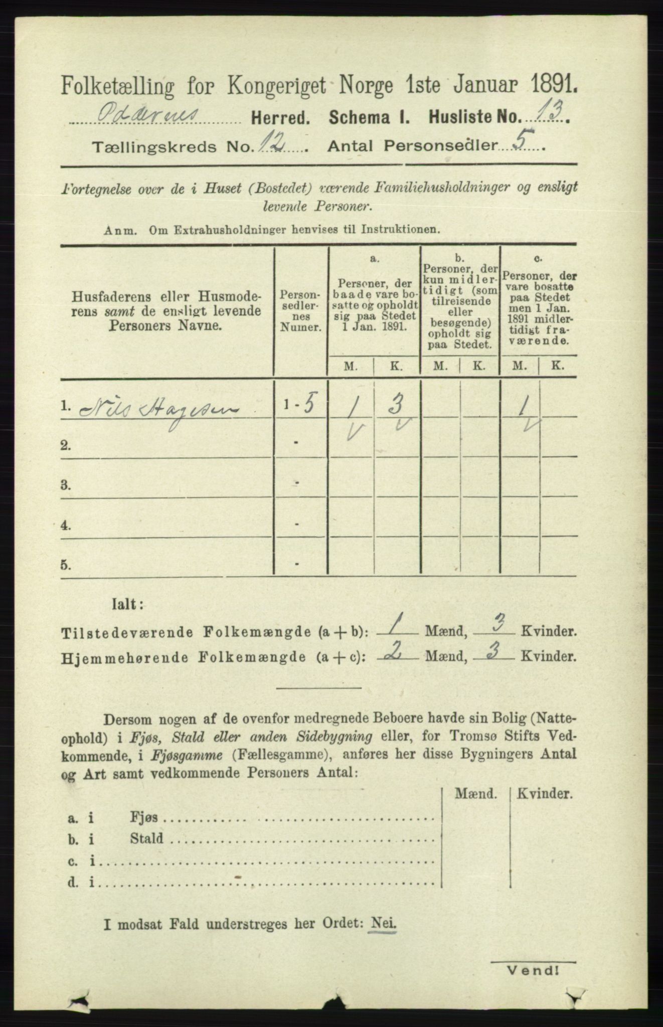 RA, 1891 census for 1012 Oddernes, 1891, p. 4323