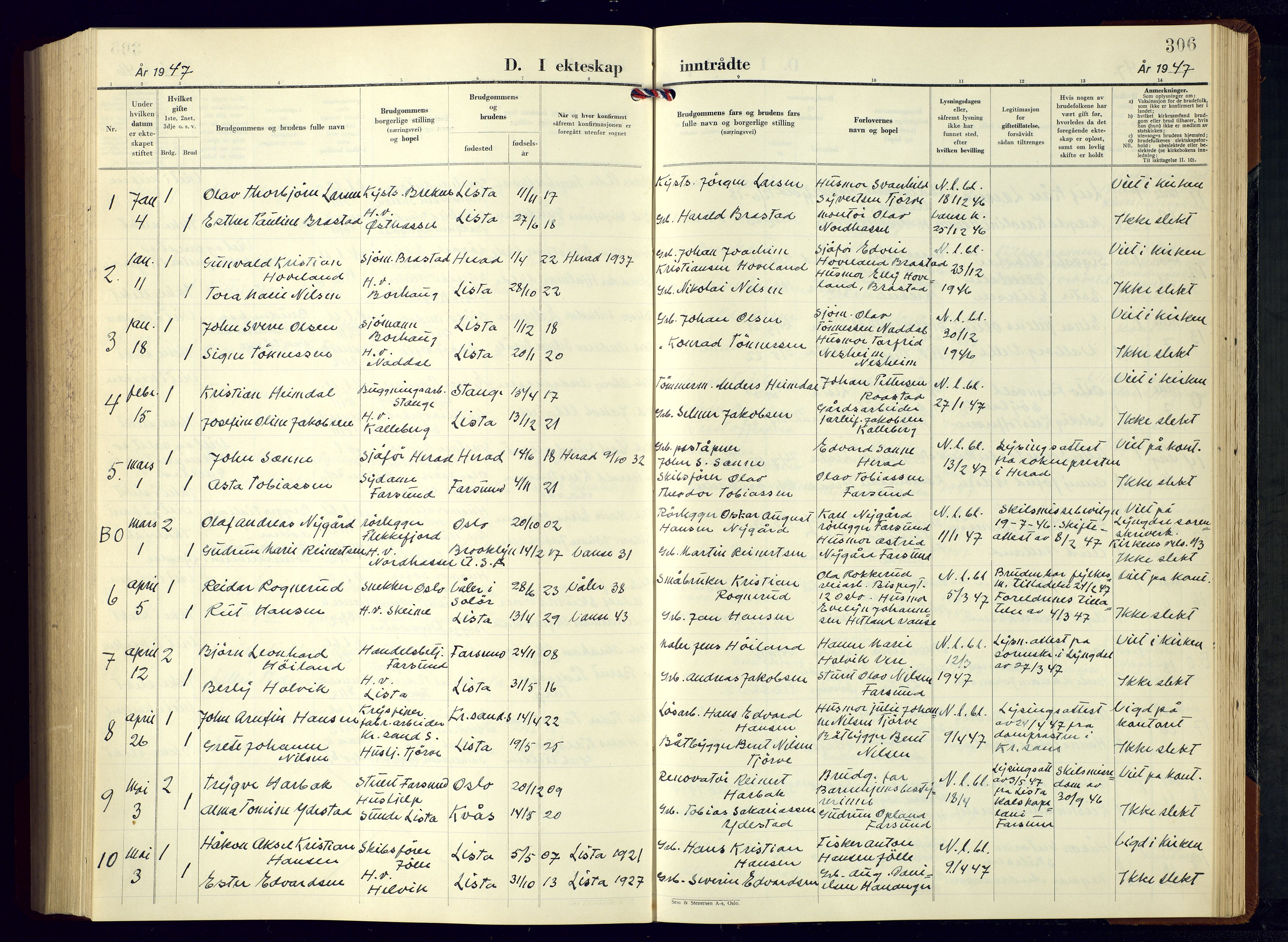 Lista sokneprestkontor, SAK/1111-0027/F/Fb/L0007: Parish register (copy) no. B 7, 1943-1970, p. 306