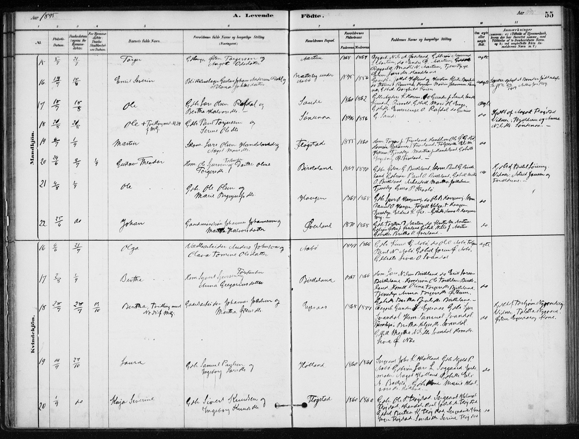 Sand sokneprestkontor, AV/SAST-A-101848/01/III/L0006: Parish register (official) no. A 6, 1880-1898, p. 55