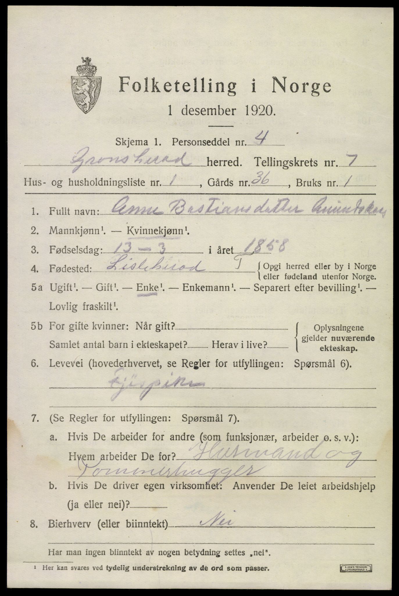 SAKO, 1920 census for Gransherad, 1920, p. 2730