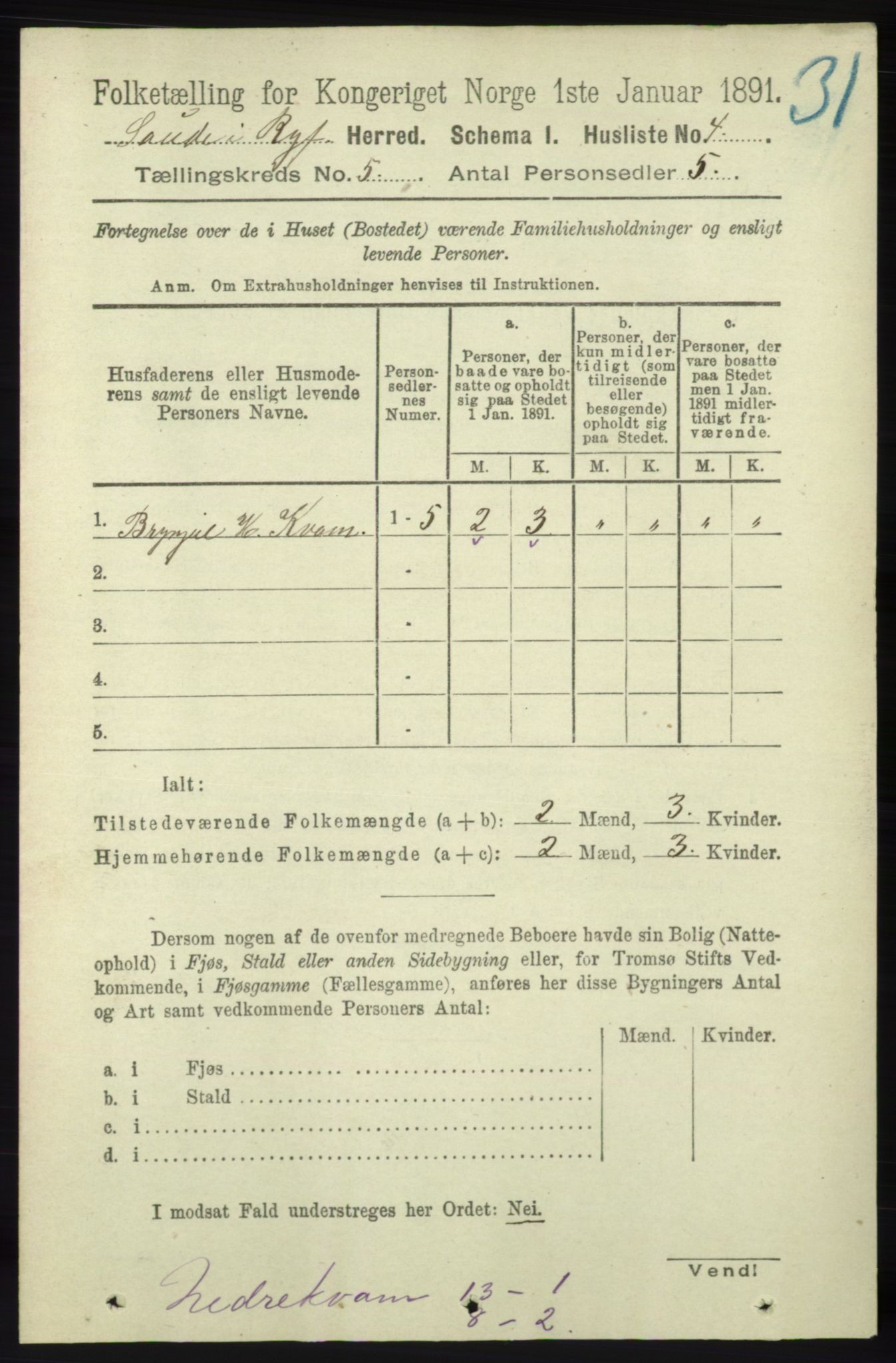 RA, 1891 census for 1135 Sauda, 1891, p. 2166