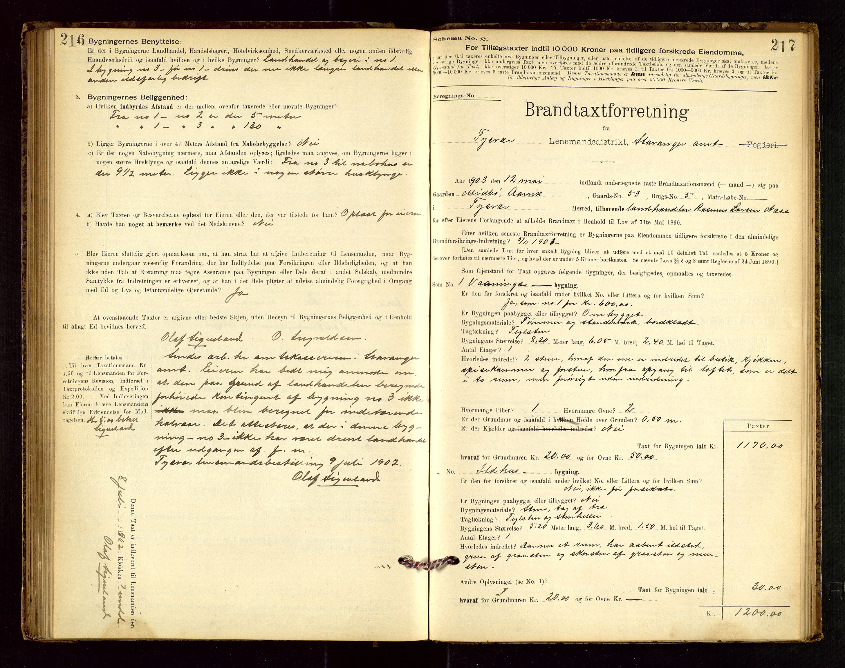 Tysvær lensmannskontor, AV/SAST-A-100192/Gob/L0001: "Brandtaxationsprotokol for Tysvær Lensmandsdistrikt Ryfylke Fogderi", 1894-1916, p. 216-217
