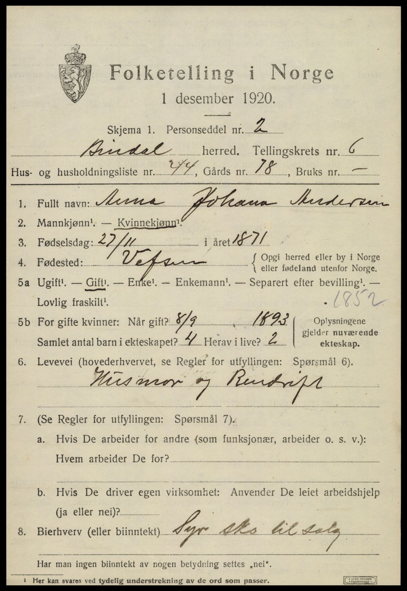 SAT, 1920 census for Bindal, 1920, p. 5411