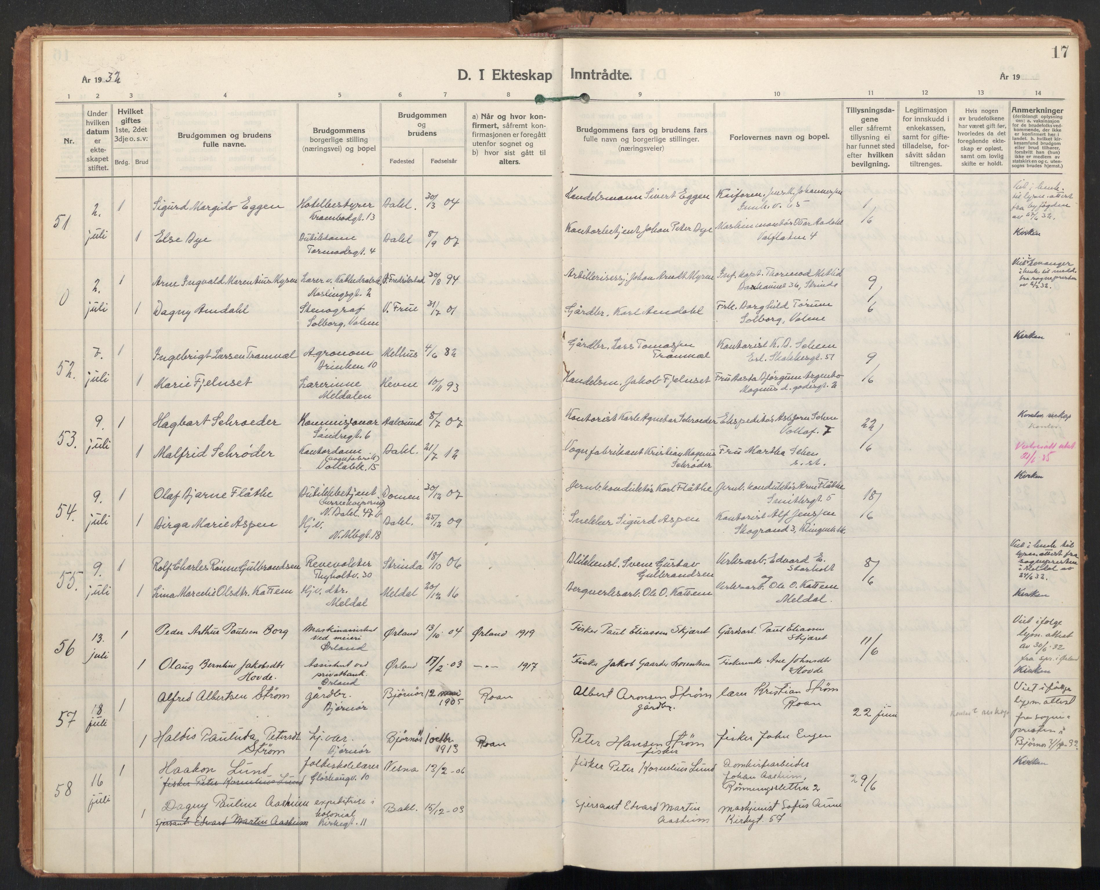 Ministerialprotokoller, klokkerbøker og fødselsregistre - Sør-Trøndelag, AV/SAT-A-1456/604/L0209: Parish register (official) no. 604A29, 1931-1945, p. 17