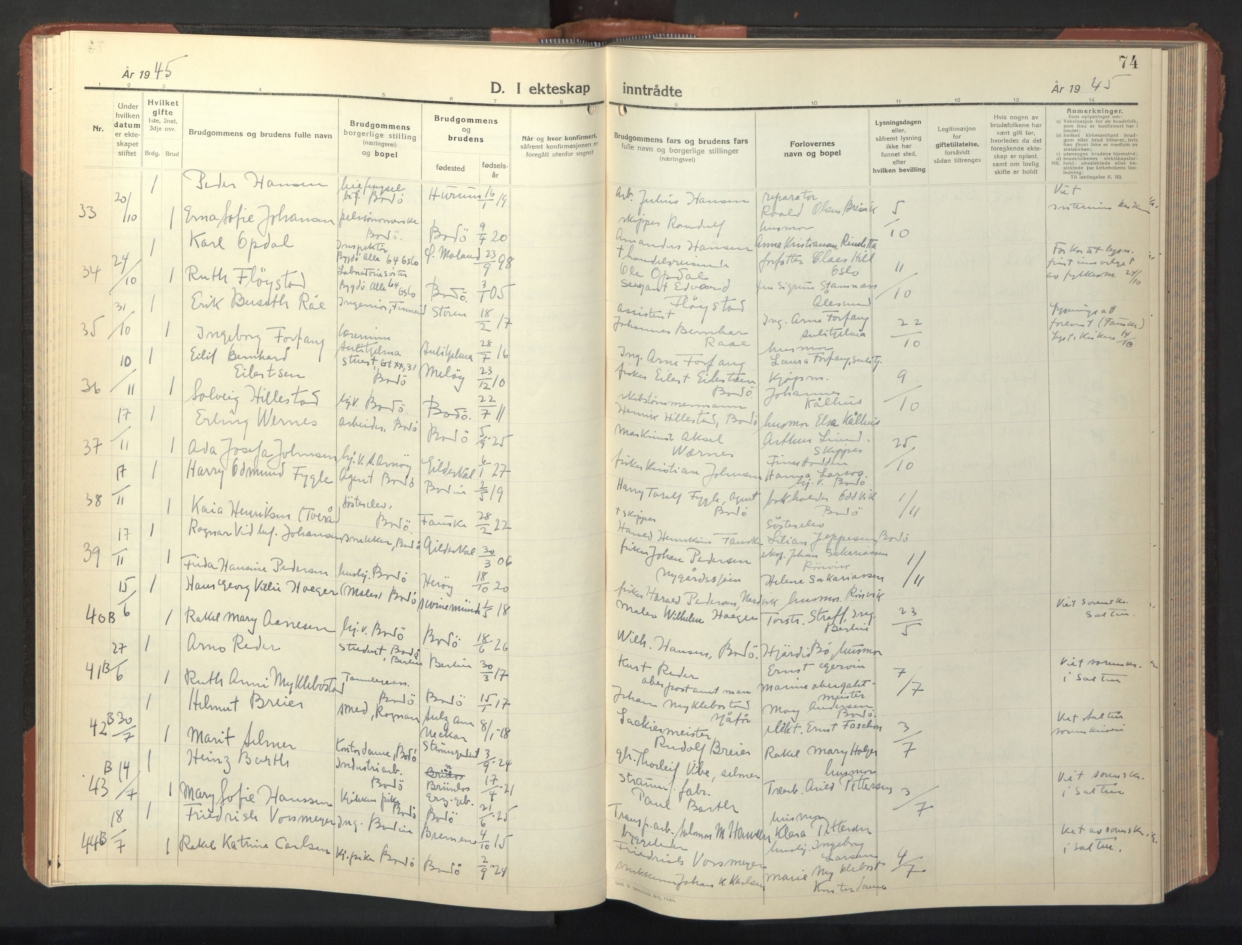 Ministerialprotokoller, klokkerbøker og fødselsregistre - Nordland, SAT/A-1459/801/L0038: Parish register (copy) no. 801C13, 1935-1951, p. 74