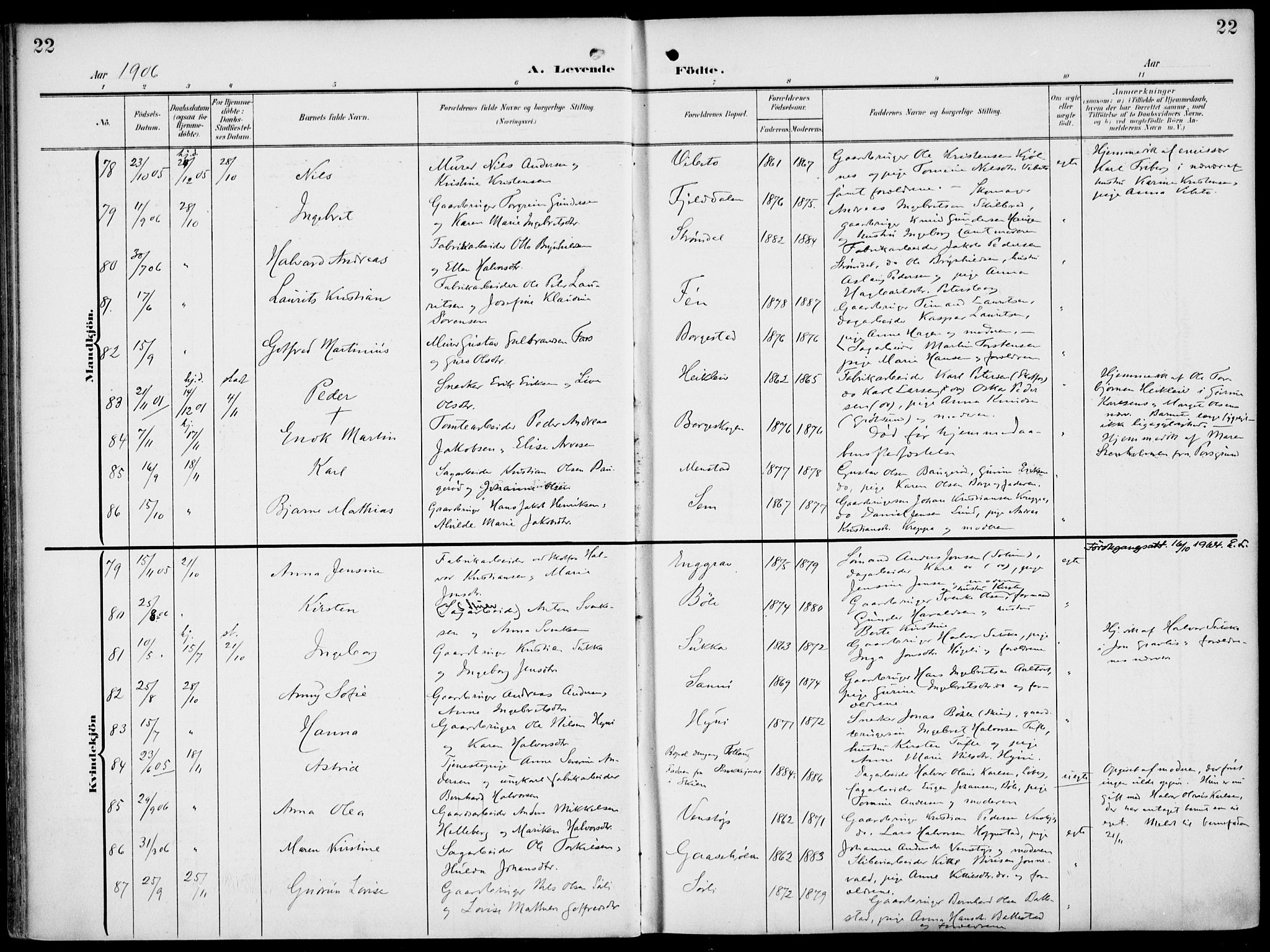 Gjerpen kirkebøker, SAKO/A-265/F/Fa/L0012: Parish register (official) no. I 12, 1905-1913, p. 22