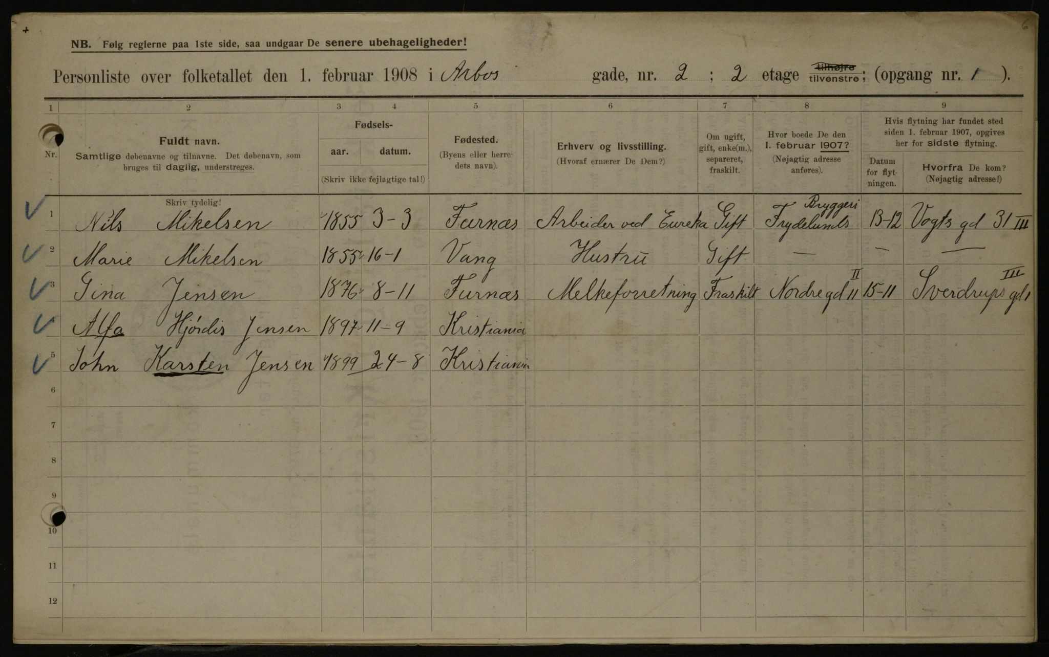 OBA, Municipal Census 1908 for Kristiania, 1908, p. 2036