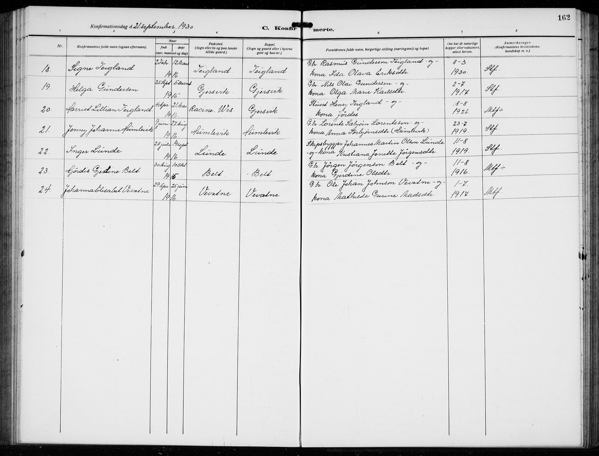 Tysnes sokneprestembete, SAB/A-78601/H/Hab: Parish register (copy) no. B  3, 1918-1935, p. 162