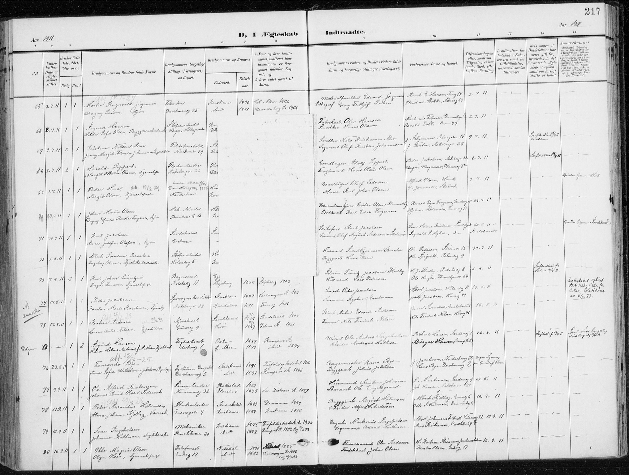 Kampen prestekontor Kirkebøker, AV/SAO-A-10853/F/Fa/L0011: Parish register (official) no. I 11, 1907-1917, p. 217