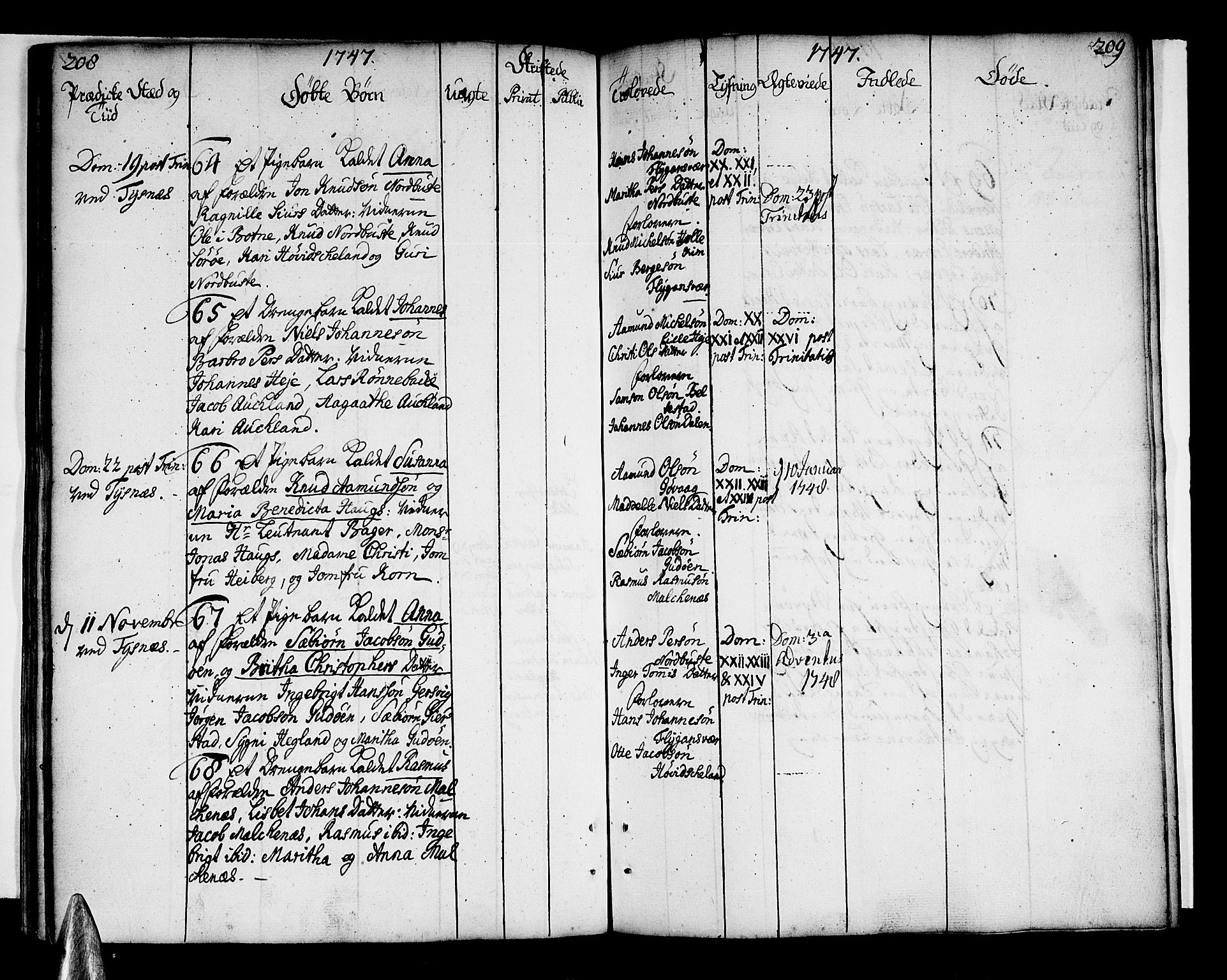 Tysnes sokneprestembete, AV/SAB-A-78601/H/Haa: Parish register (official) no. A 3, 1740-1749, p. 208-209