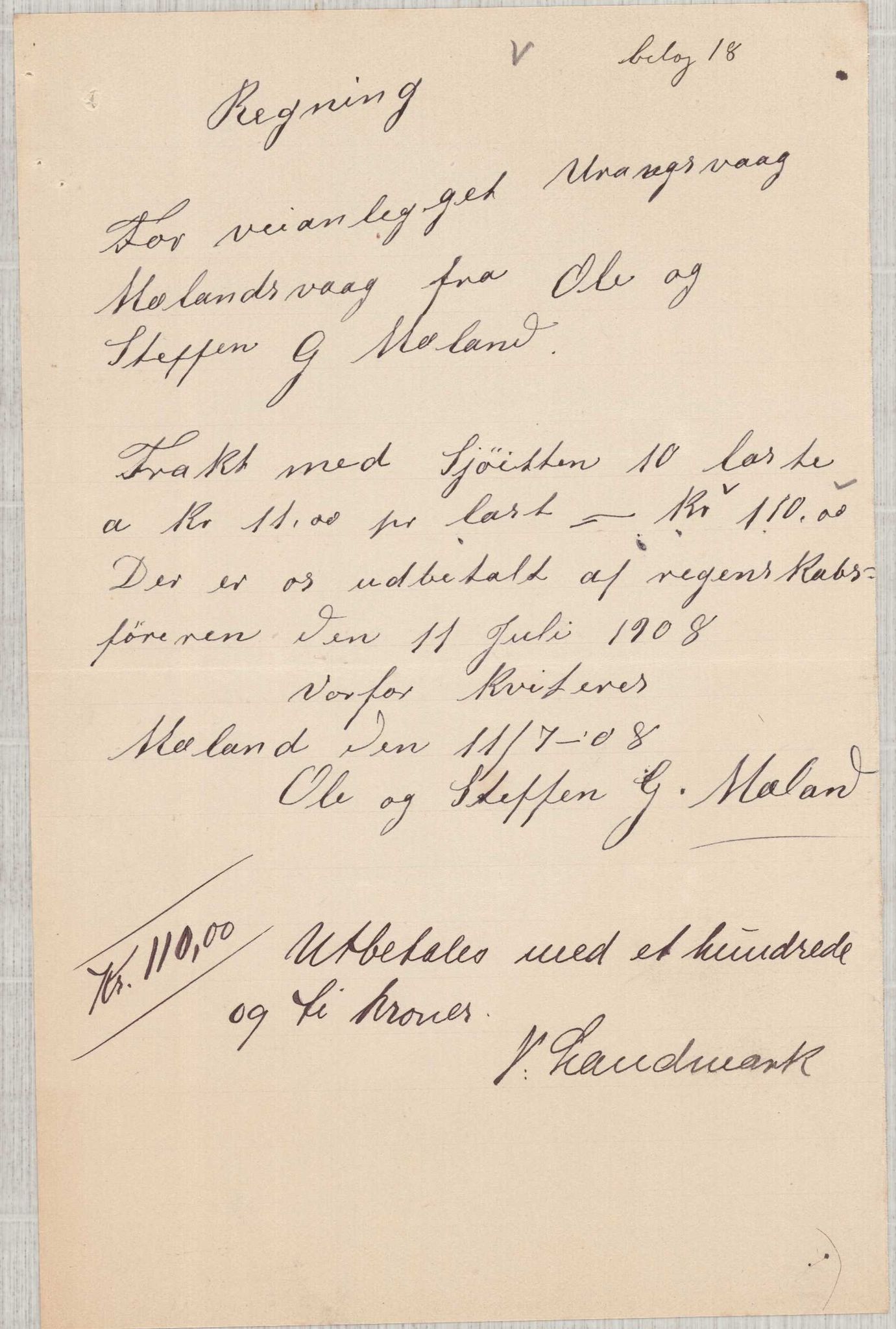 Finnaas kommune. Formannskapet, IKAH/1218a-021/E/Ea/L0002/0005: Rekneskap for veganlegg / Rekneskap for veganlegget Urangsvåg - Mælandsvåg, 1907-1909, p. 54