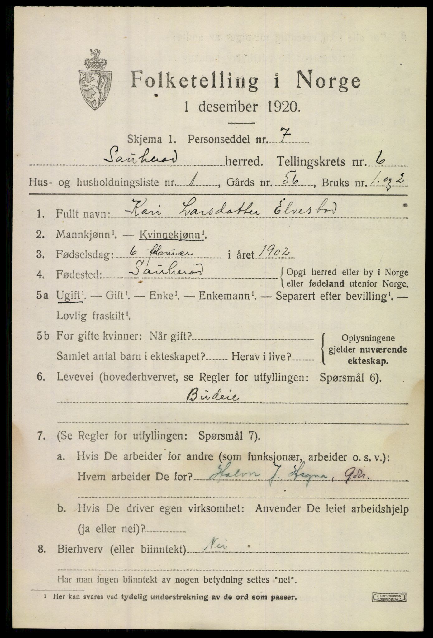 SAKO, 1920 census for Sauherad, 1920, p. 5079