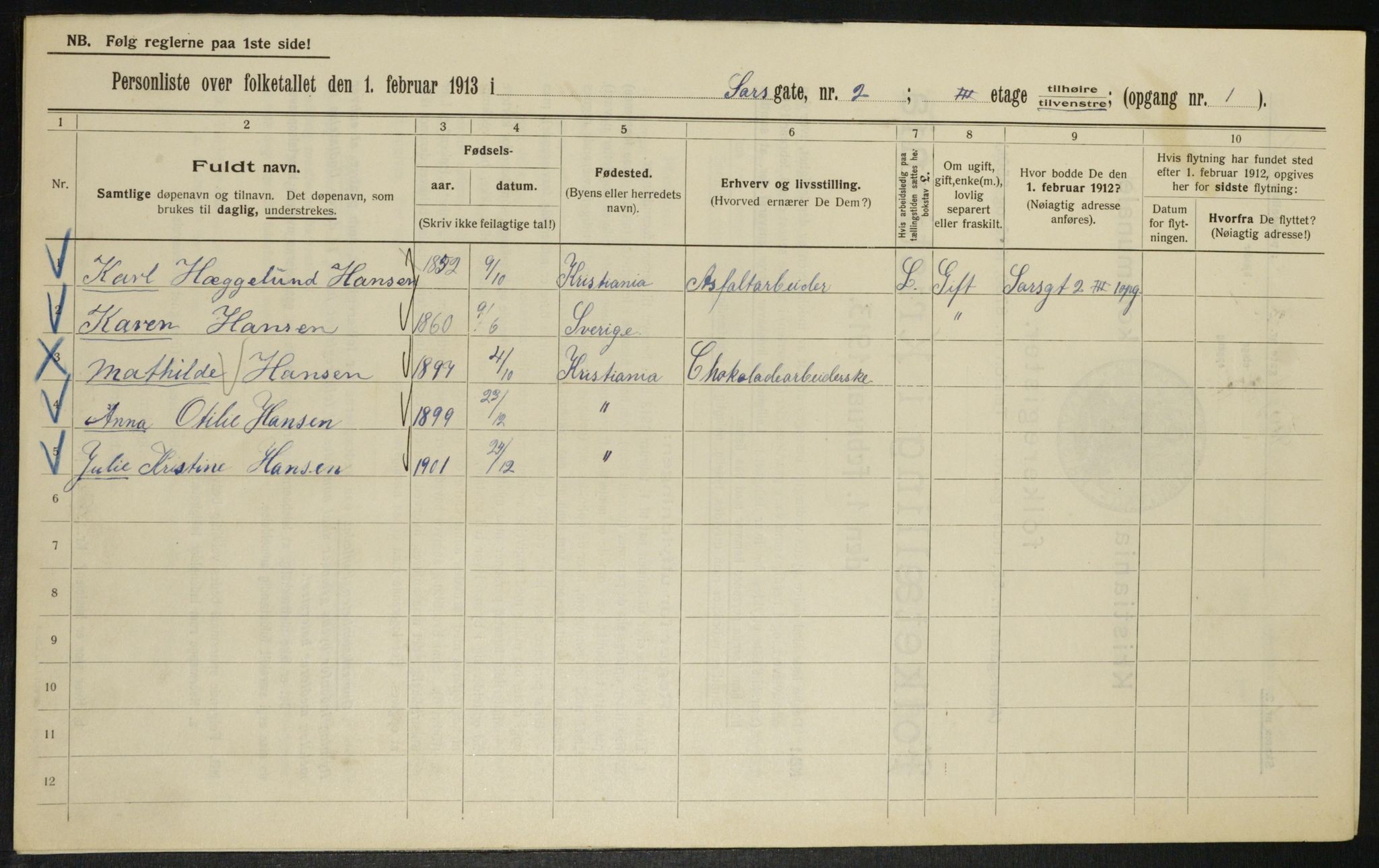 OBA, Municipal Census 1913 for Kristiania, 1913, p. 89278