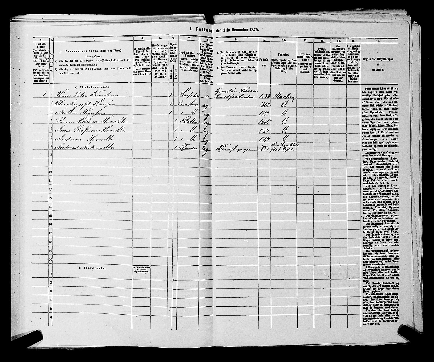 RA, 1875 census for 0114P Varteig, 1875, p. 273