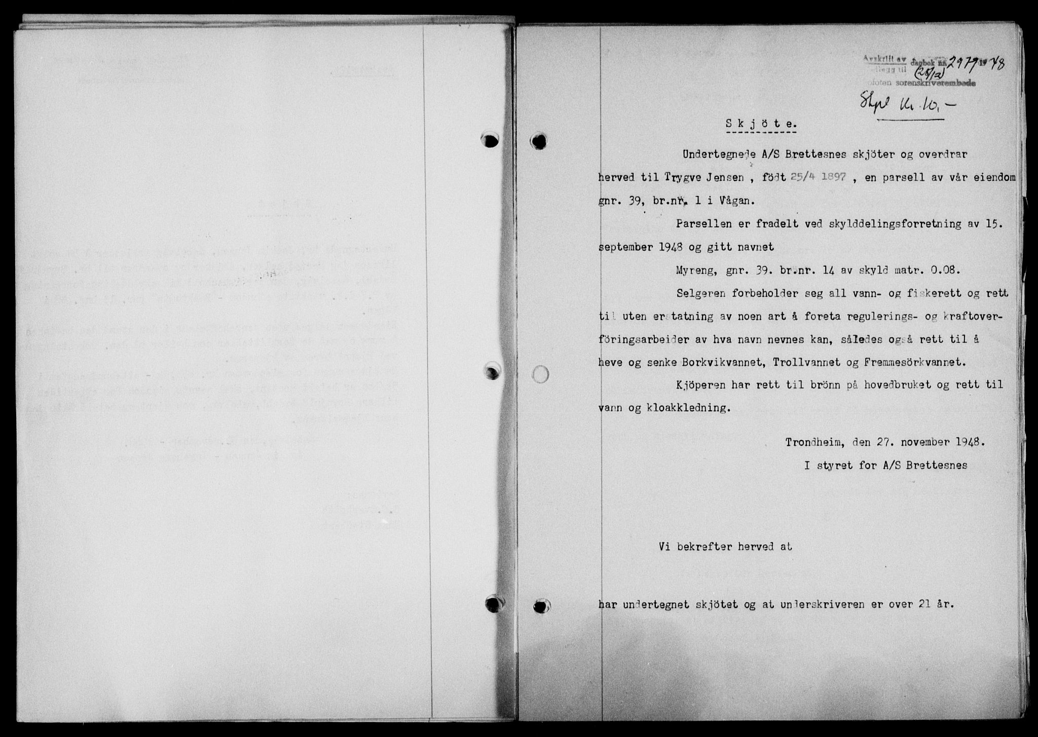 Lofoten sorenskriveri, SAT/A-0017/1/2/2C/L0020a: Mortgage book no. 20a, 1948-1949, Diary no: : 2979/1948