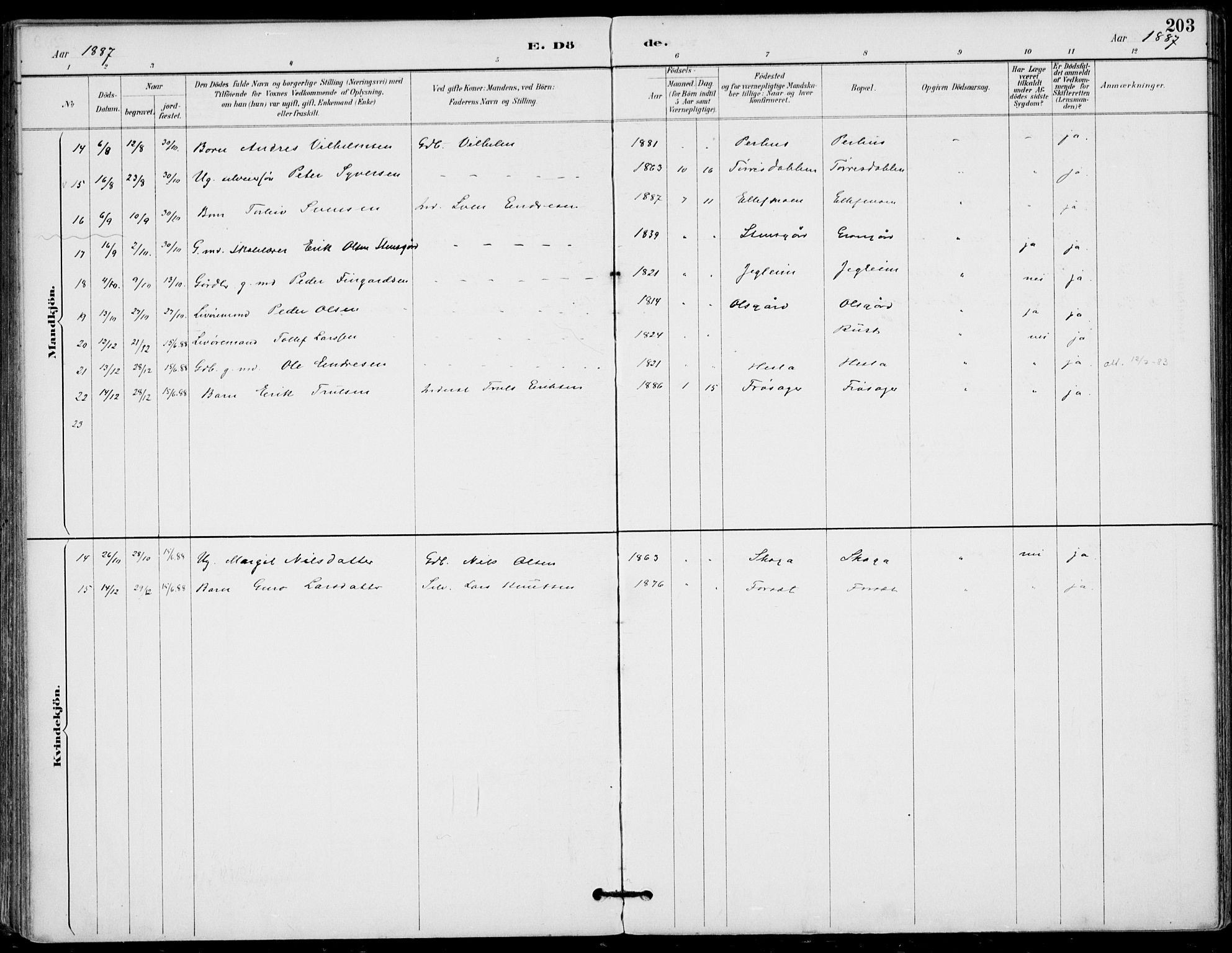 Gol kirkebøker, AV/SAKO-A-226/F/Fa/L0005: Parish register (official) no. I 5, 1887-1900, p. 203