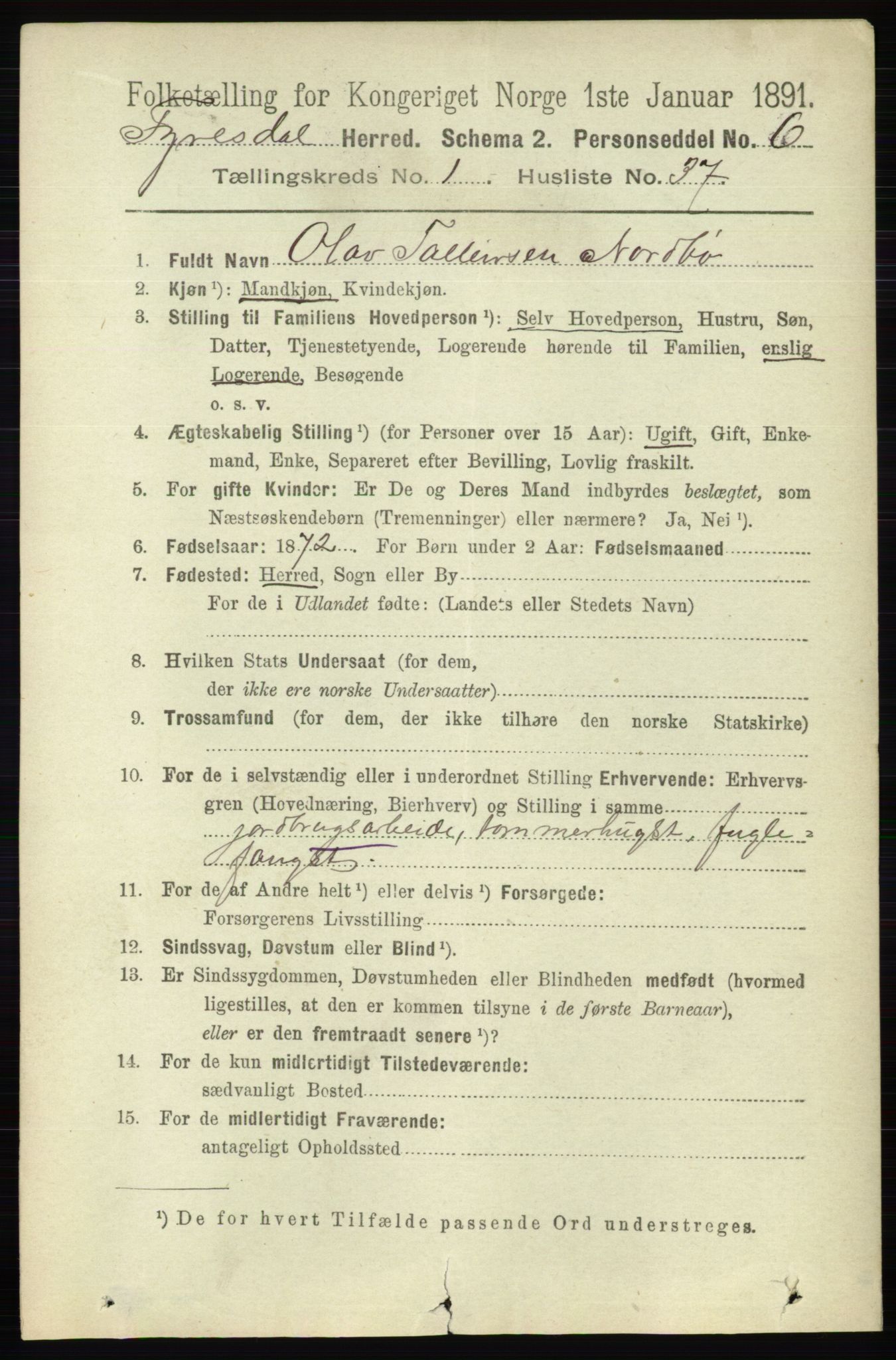 RA, 1891 census for 0831 Fyresdal, 1891, p. 253