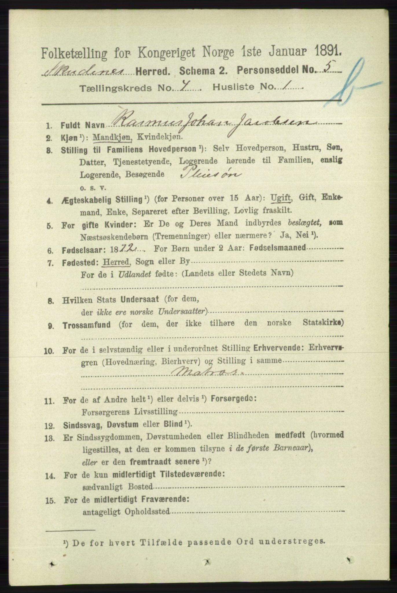 RA, 1891 census for 1150 Skudenes, 1891, p. 4552