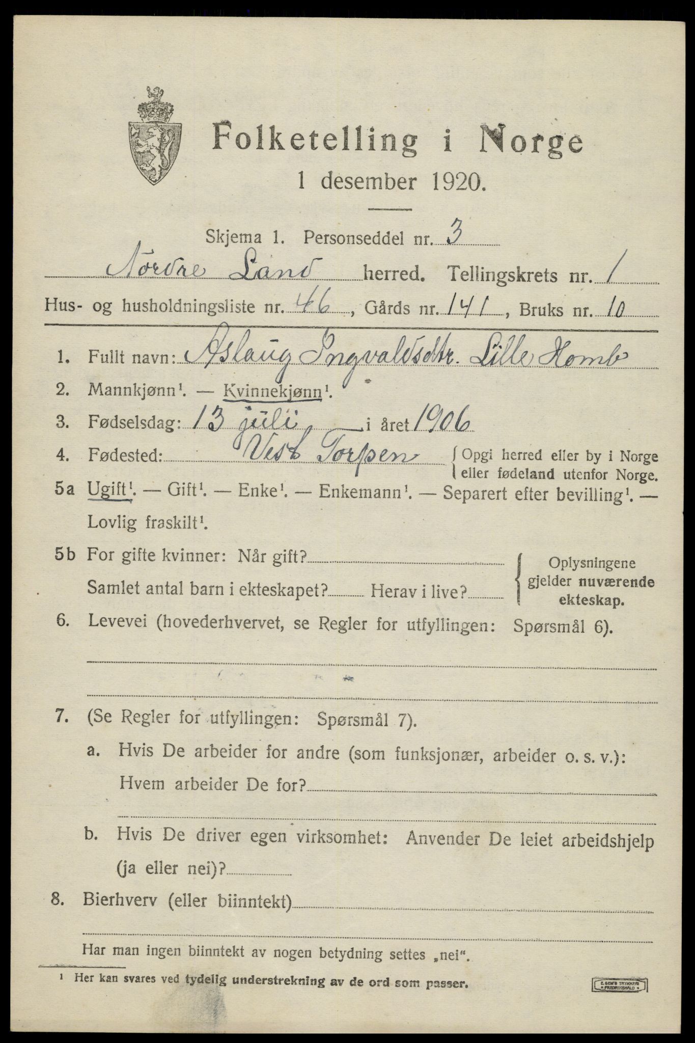 SAH, 1920 census for Nordre Land, 1920, p. 1642