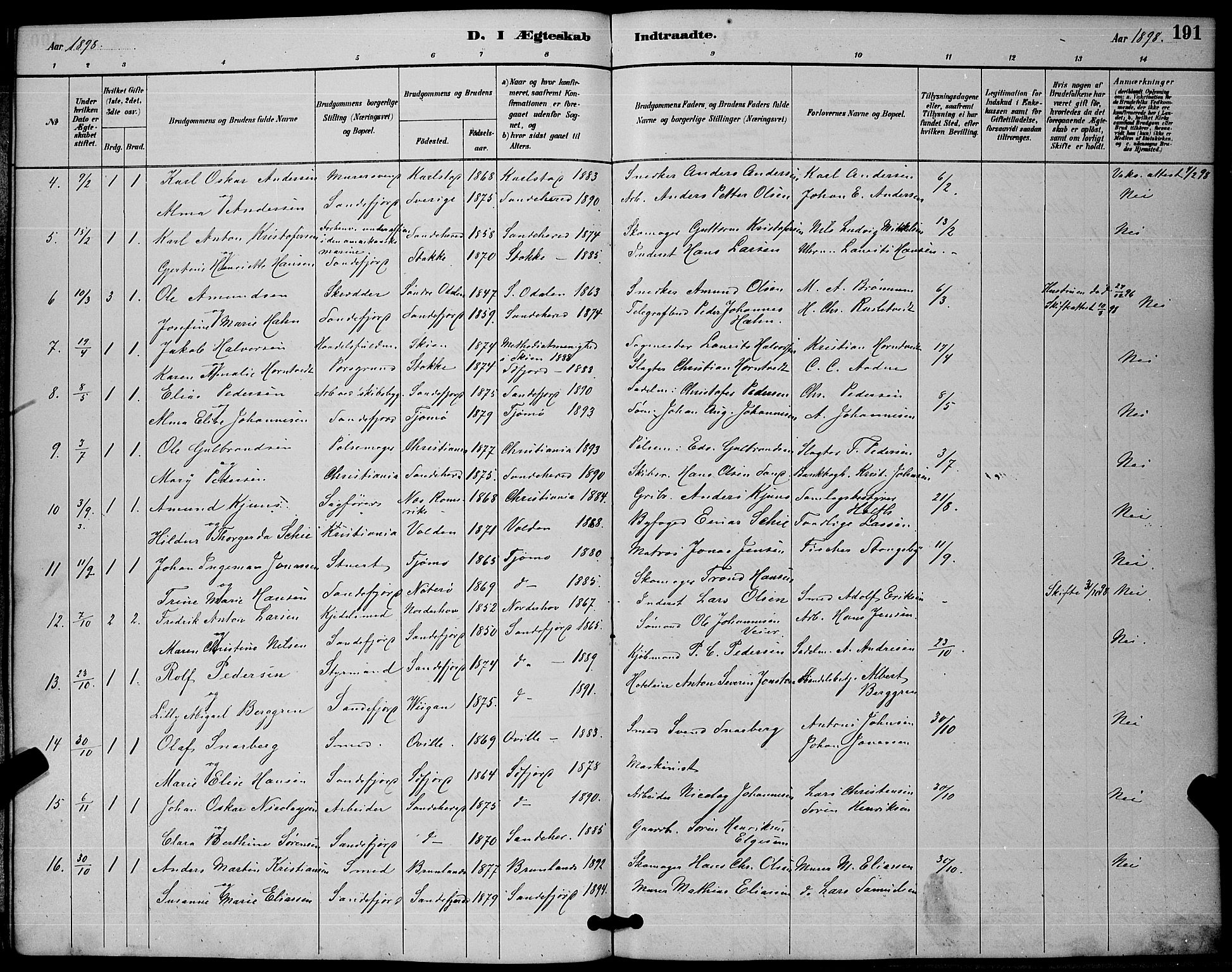 Sandefjord kirkebøker, AV/SAKO-A-315/G/Ga/L0001: Parish register (copy) no. 1, 1885-1903, p. 191