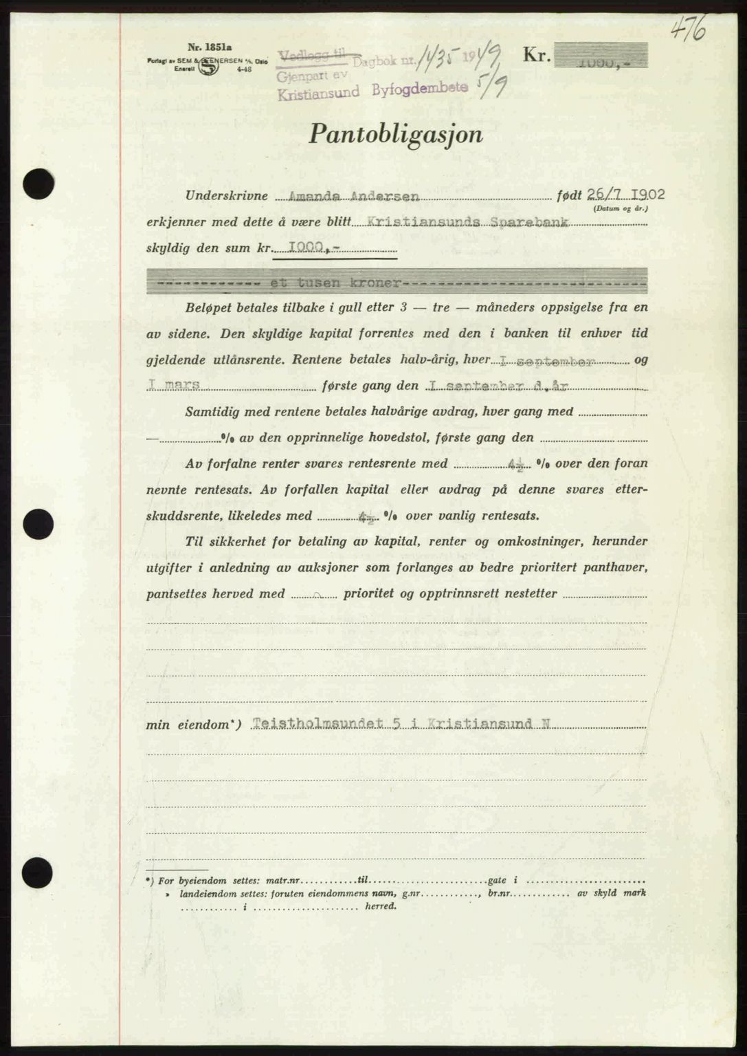 Kristiansund byfogd, AV/SAT-A-4587/A/27: Mortgage book no. 45, 1948-1949, Diary no: : 1435/1949