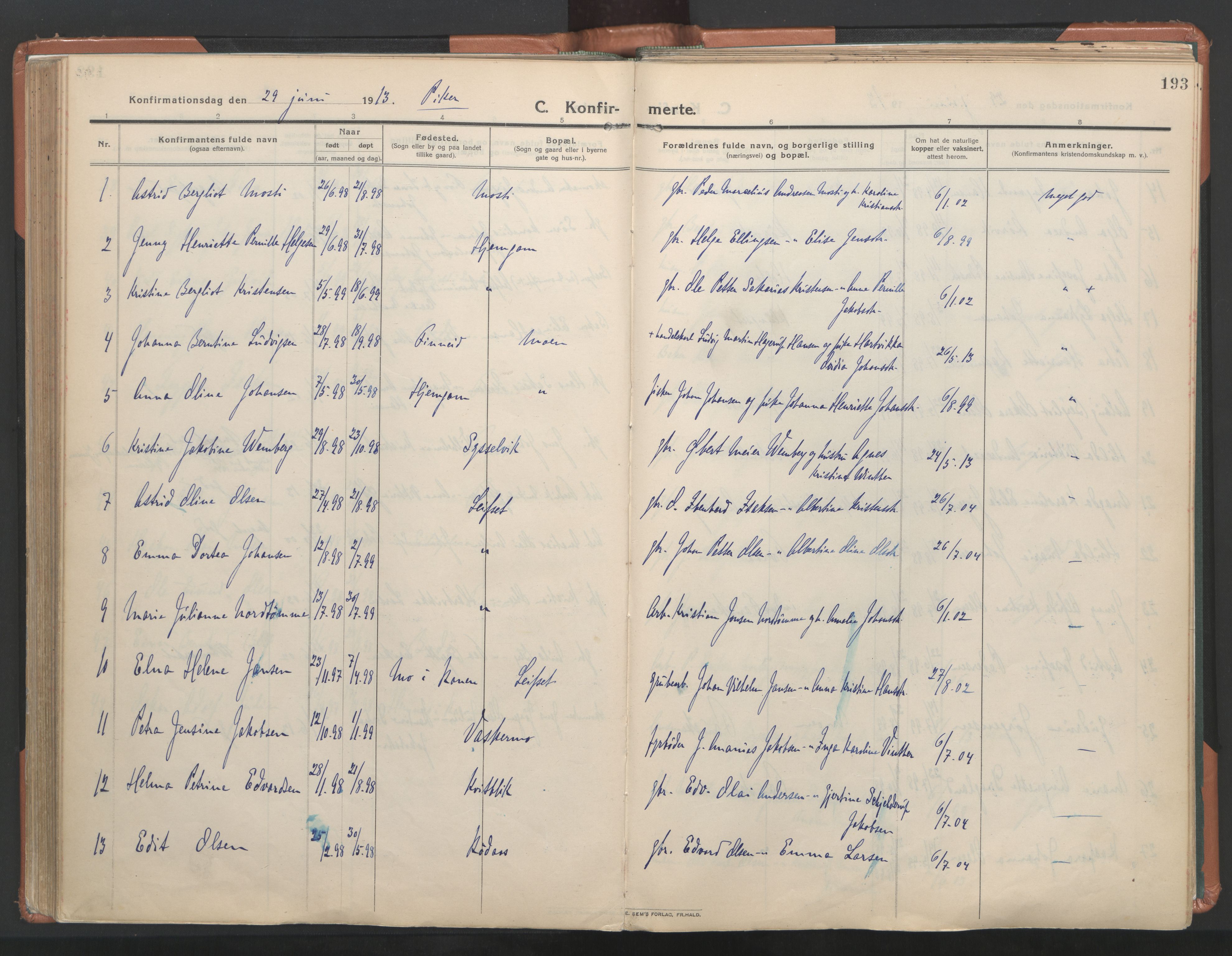 Ministerialprotokoller, klokkerbøker og fødselsregistre - Nordland, SAT/A-1459/849/L0698: Parish register (official) no. 849A09, 1911-1924, p. 193